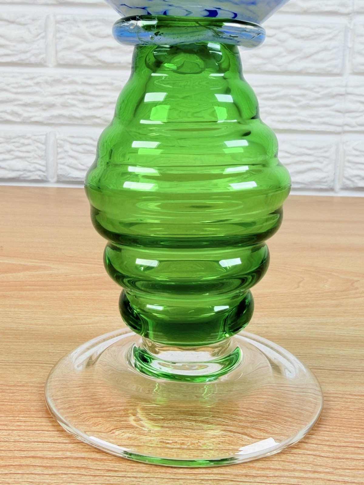 Italian Art Glass Vase 14” Blue White Spatter Green Base Hand Blown MCM
