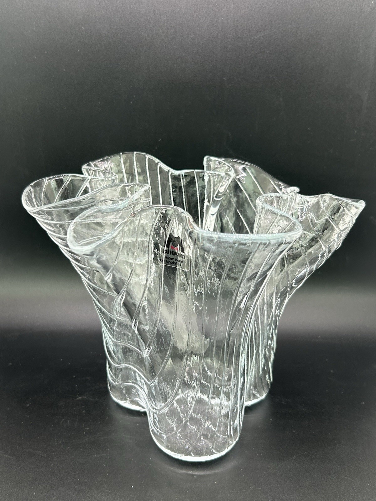 Muurla Finland Clear Textured Ruffled Art Glass Vase Lines UNIQUE! New S11