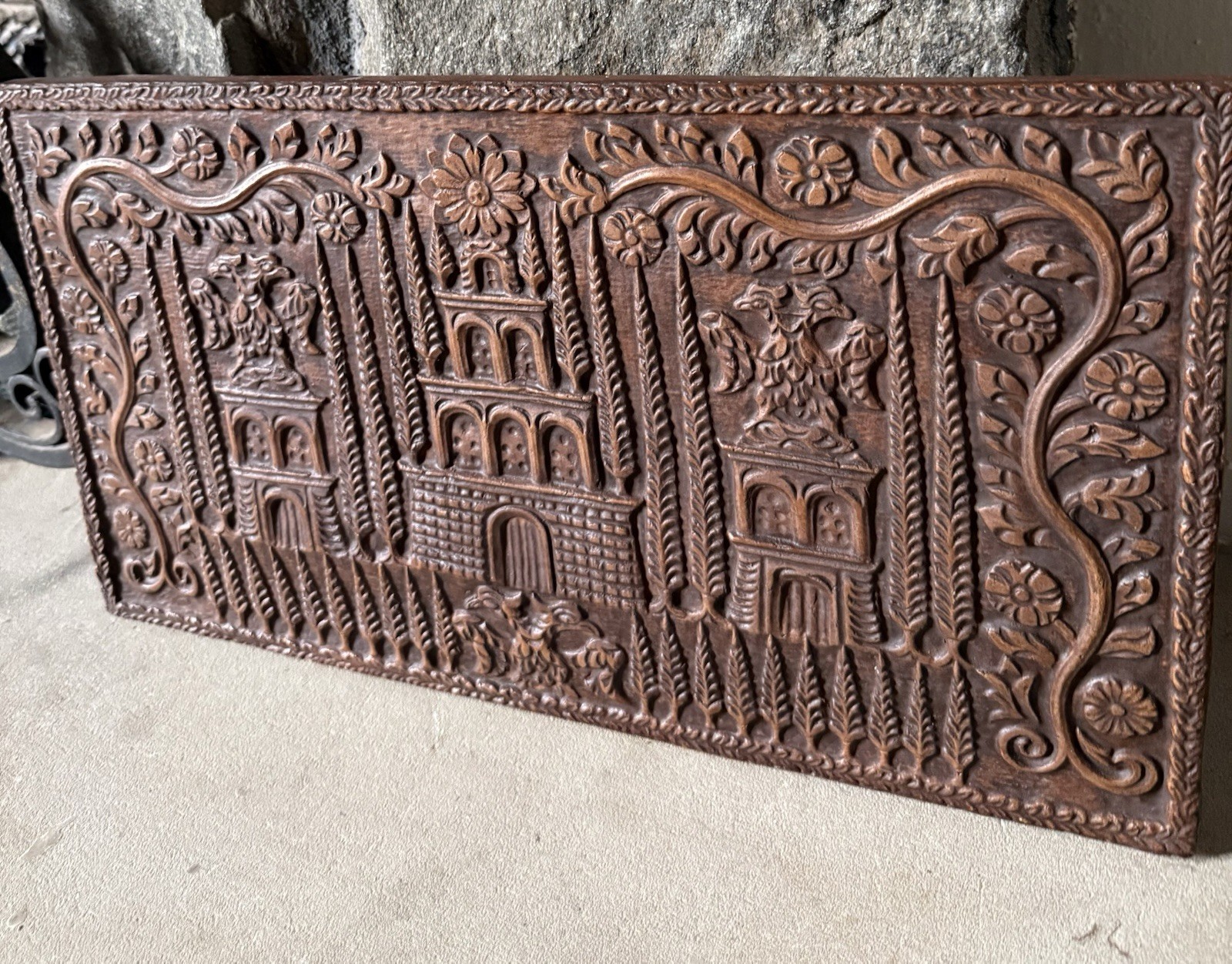 Vintage Rustic European Folk Art Terracotta Clay Pottery Relief Wall Plaque Tile