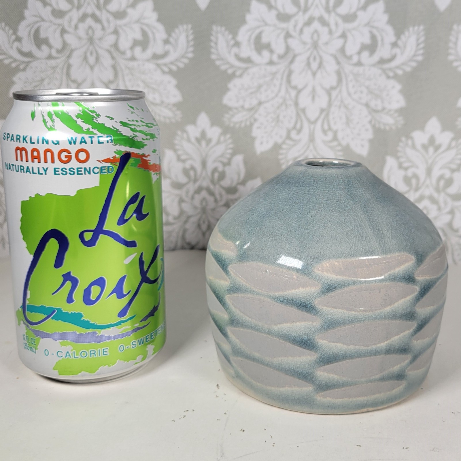 Unique Teal and Gray Vase, Crackle Glaze 3.75″ tall