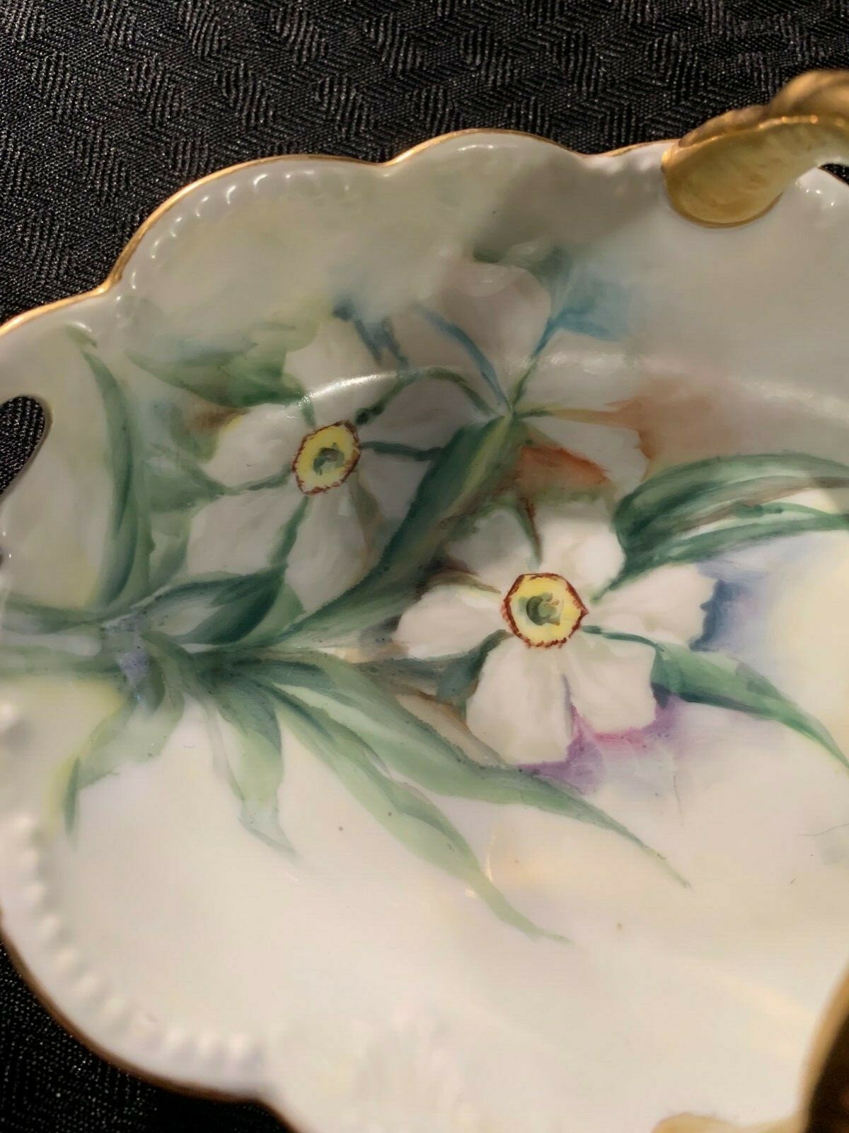 Antique AKD France Limoges Gold Handled Basket Dish Hand Painted Floral EUC