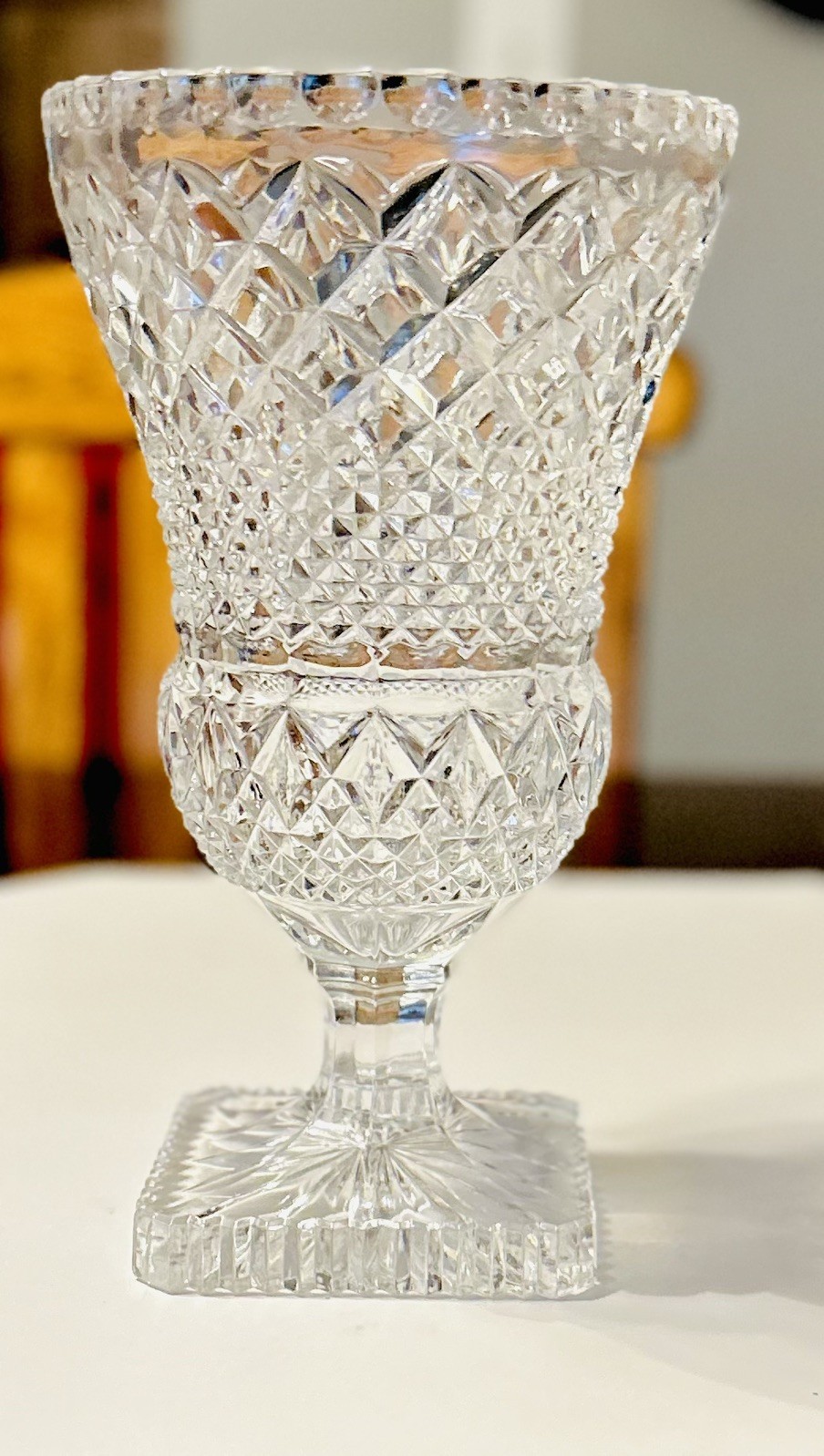 Large Bohemia Crystal Pedestal Vase Clear with Square Foot Medici Vase 11″