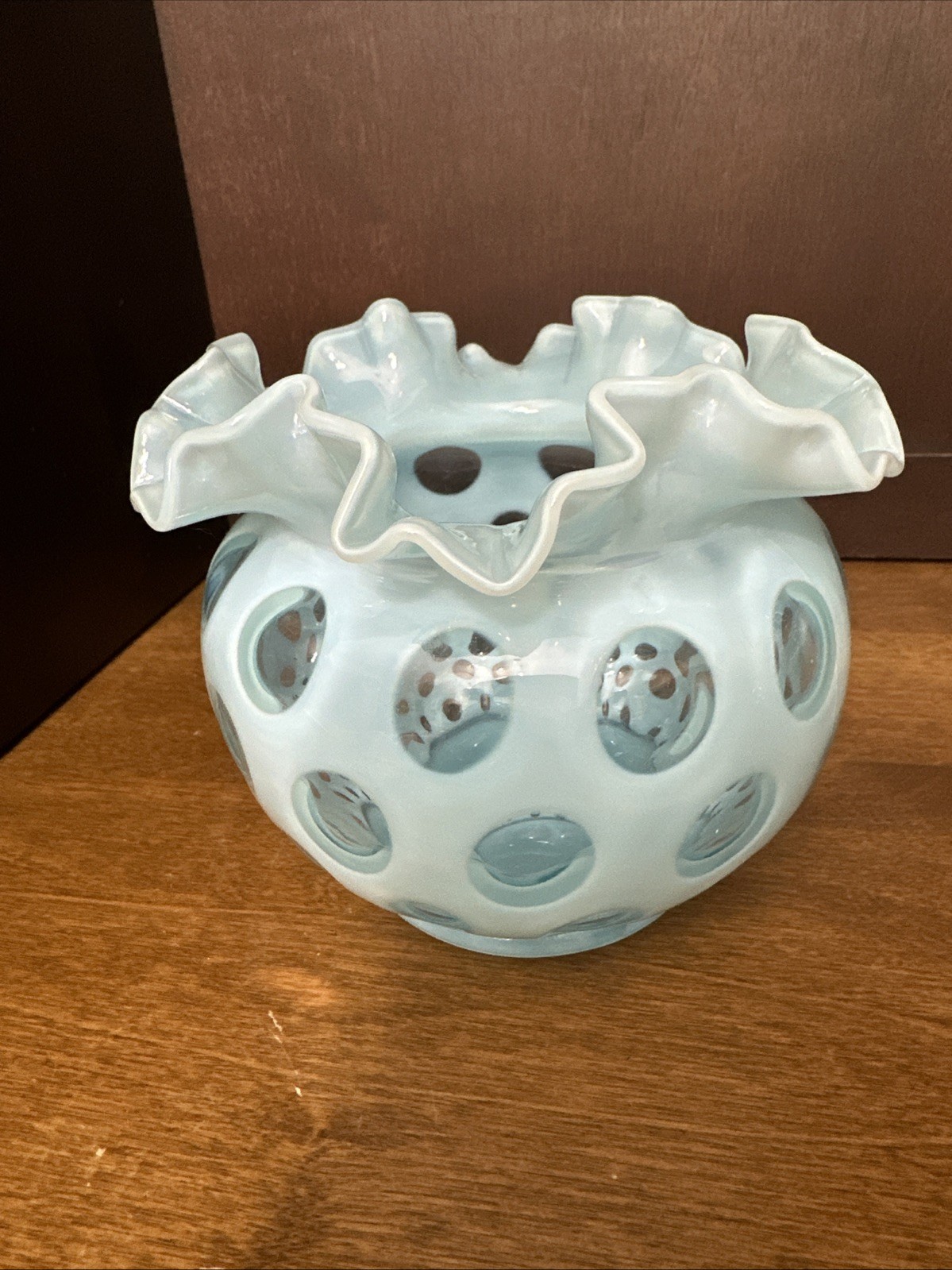 Fenton Aqua Blue Opalescent Coin Dot Double Crimped Vase 4.5″ Vintage