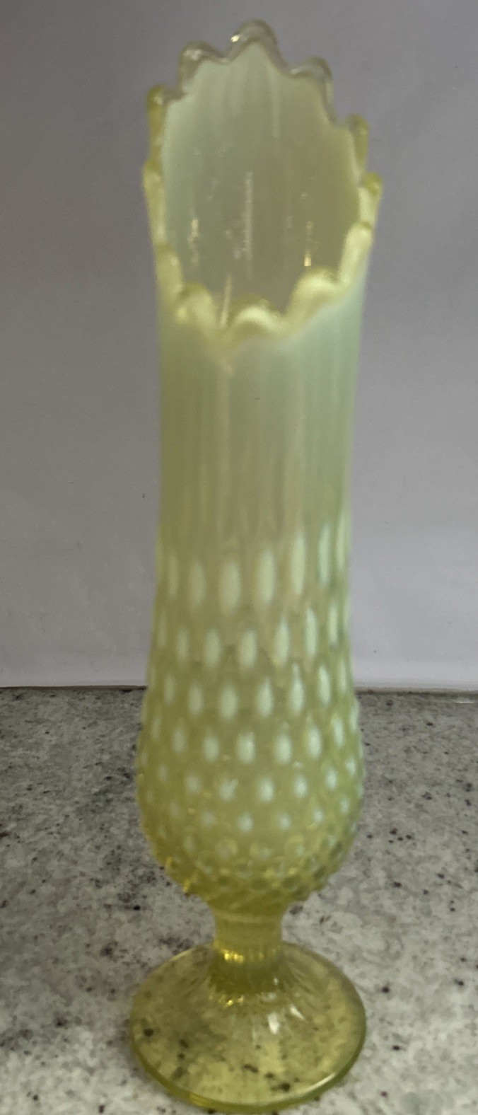 Beautiful Fenton Art Glass Uranium Green Opalescent Hobnail Swung Vase 13”-H