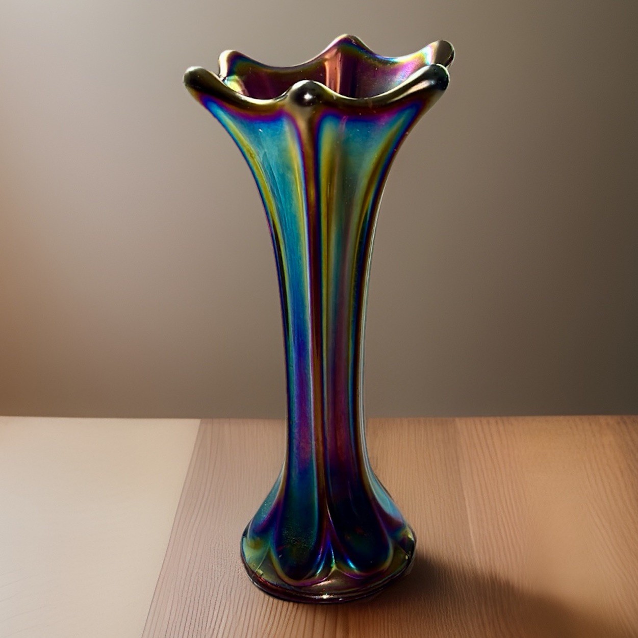 Small Imperial Glass Electric Amethyst Morning Glory Carnival Glass Vase – 6.9”