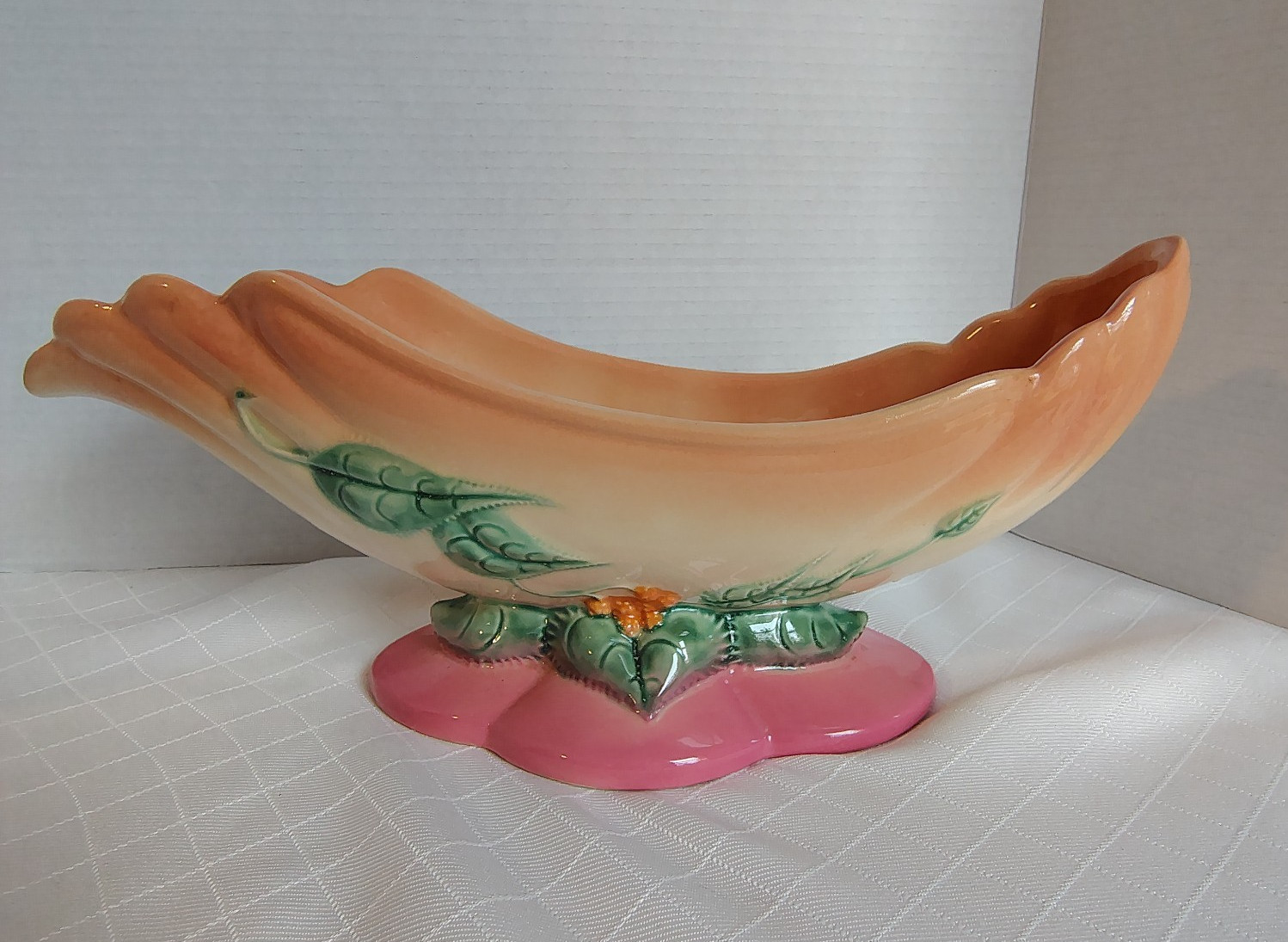 Hull Art Pottery Woodland Peach Pink Console Centerpiece Bowl Green 14.5in