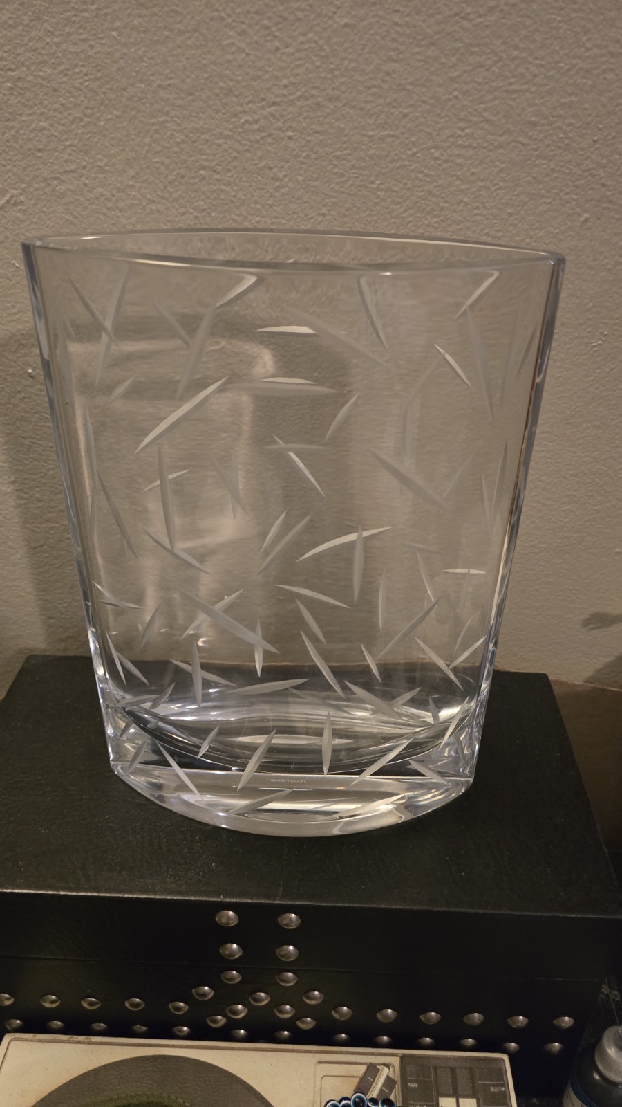 Vintage MOTUS Glass Etched Vase Used 9.5 x 7.0 x 2.5 Inches
