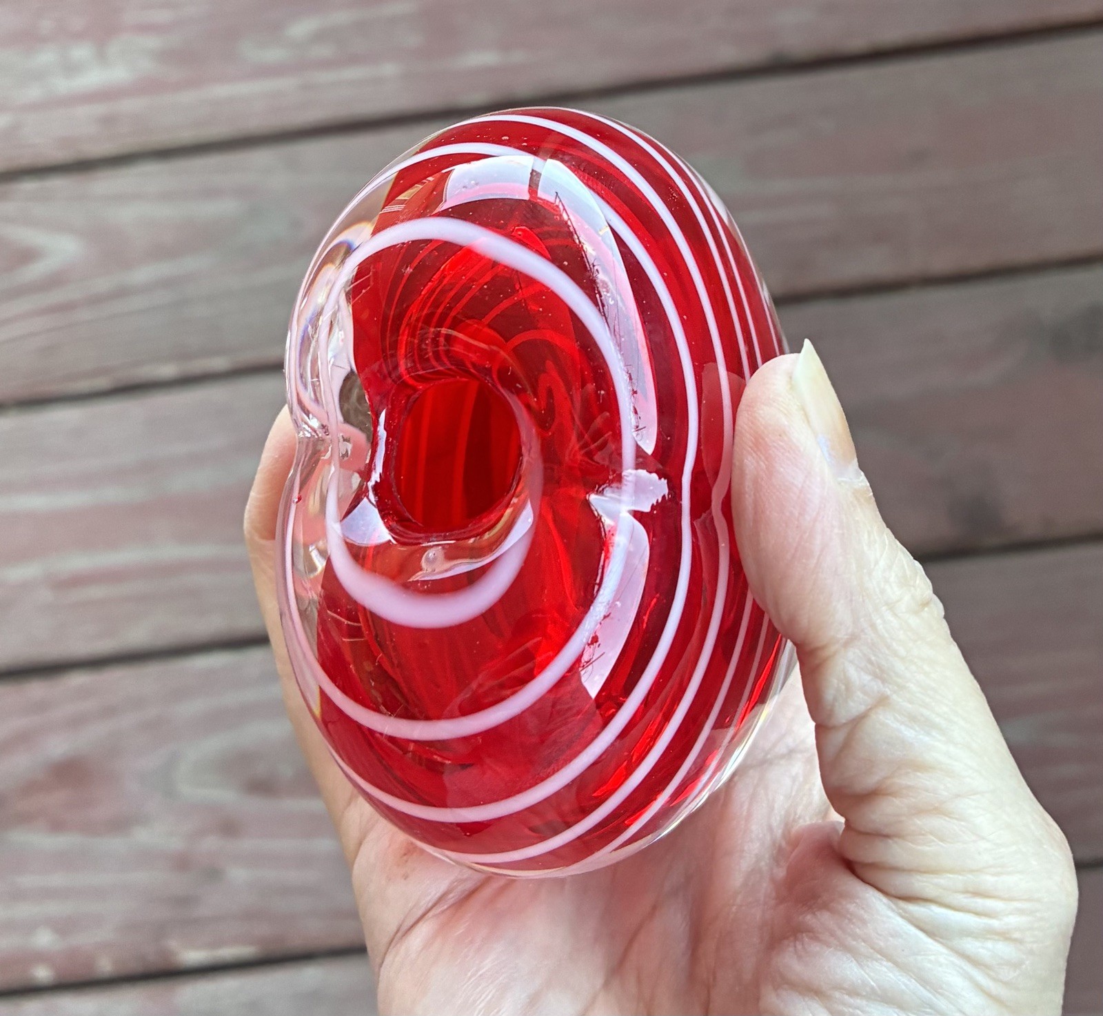 Art Glass Heart Shaped Bud Vase Paperweight Red White Swirls Stripes Handblown