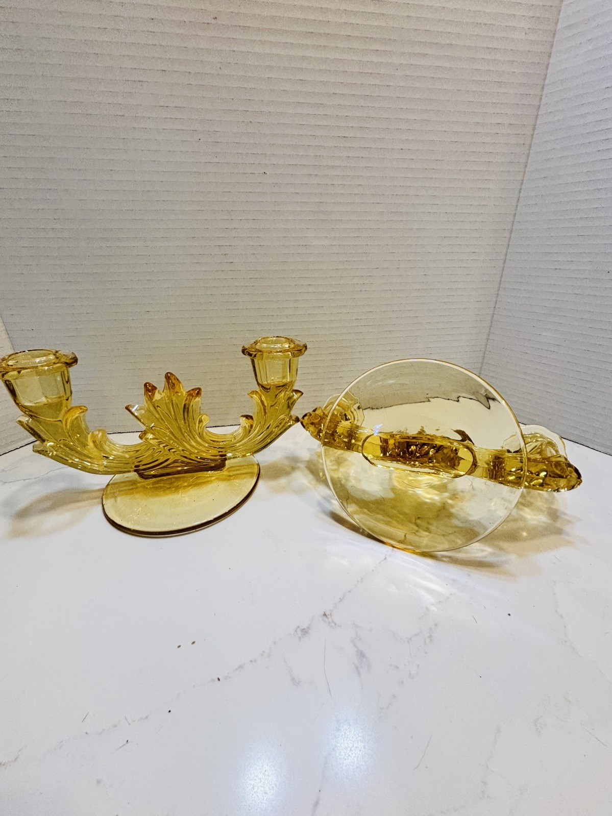 VTG Fostoria Baroque Candlestick HJolders Topaz Yellow Glass Art Deco