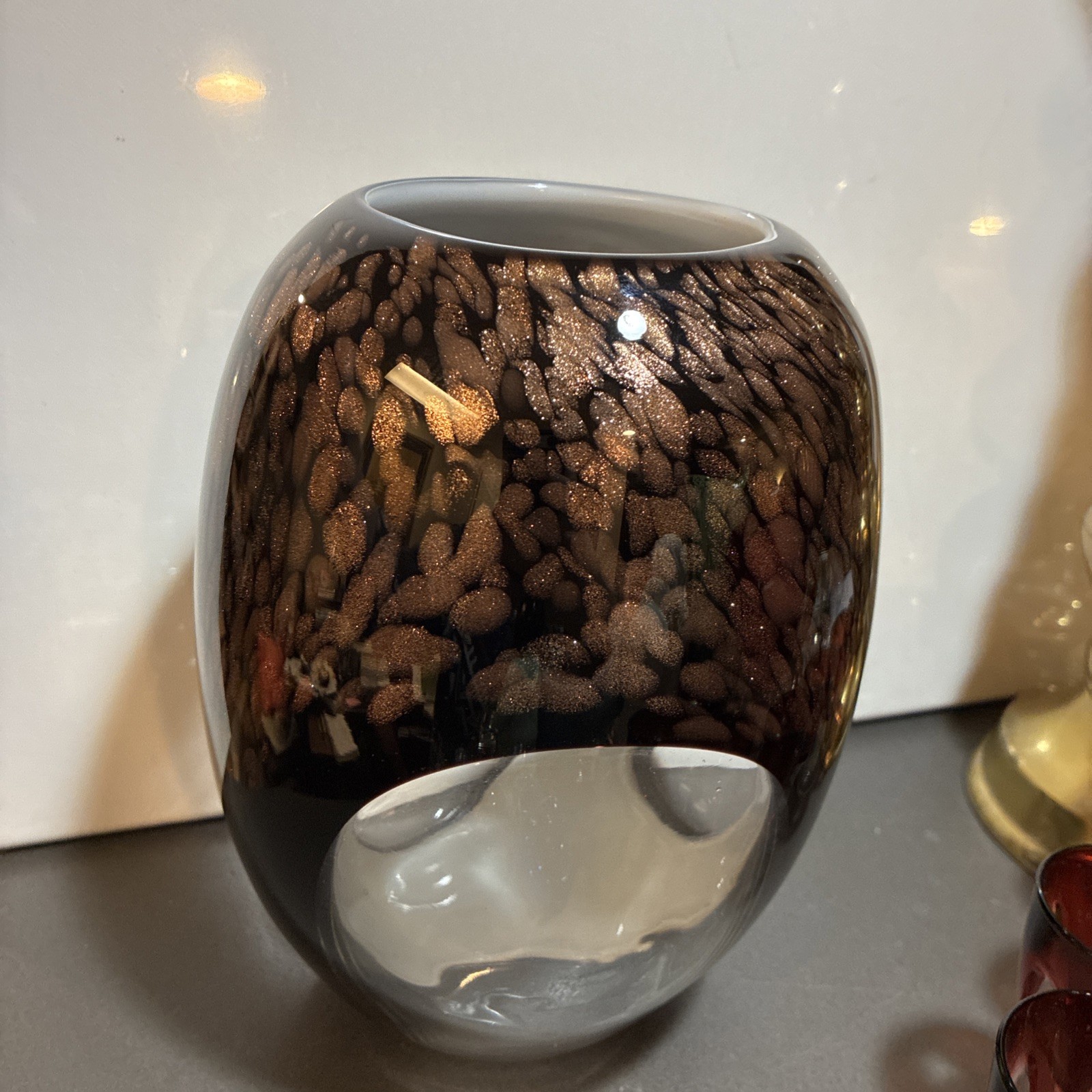 Murano Style Black, White, Copper Fleck Art Glass Vase Cased w/Oval Windows 8.5″