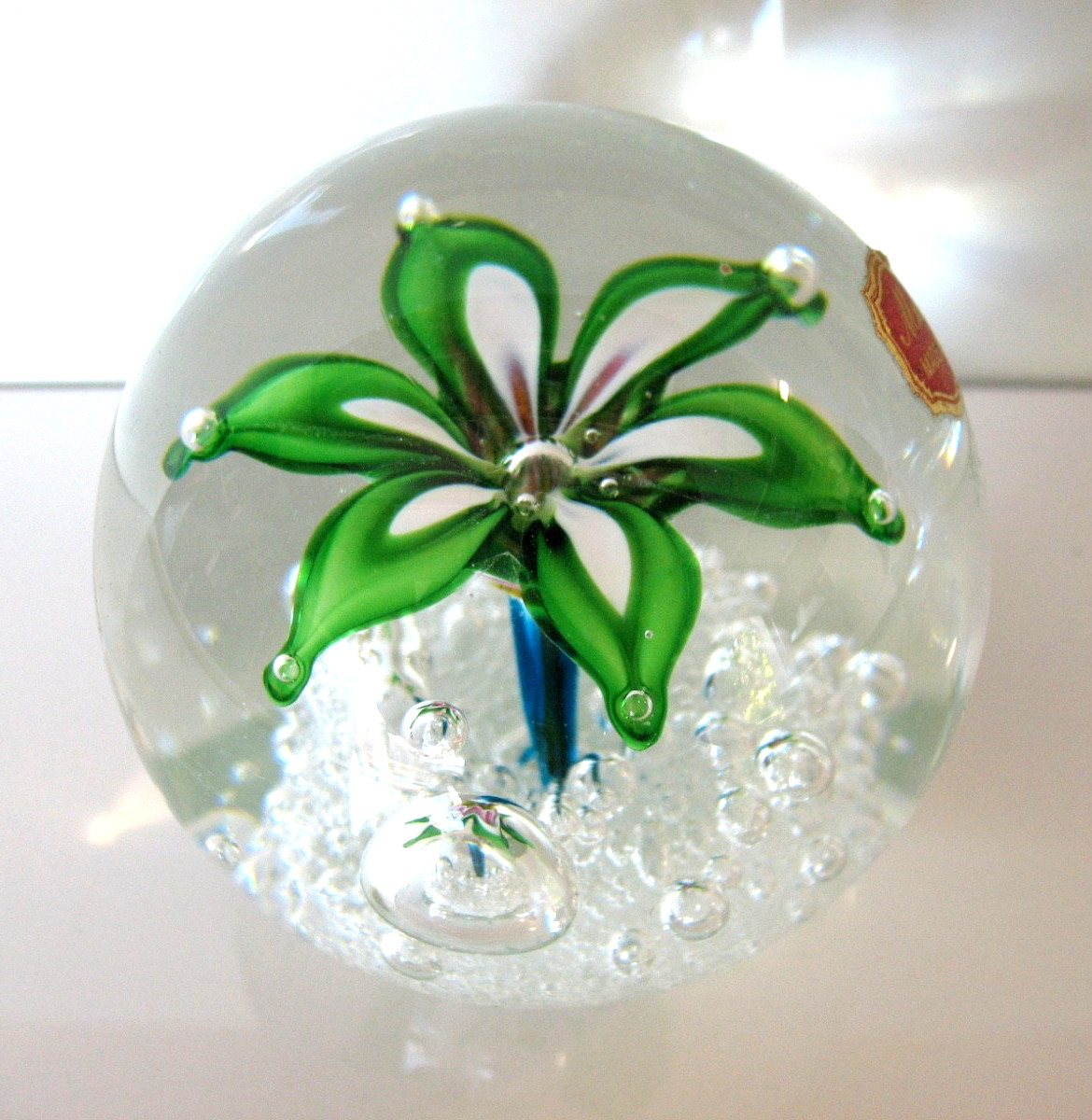 Vintage MURANO Art Glass Paperweight Green Flower Controlled Bubble ITALY
