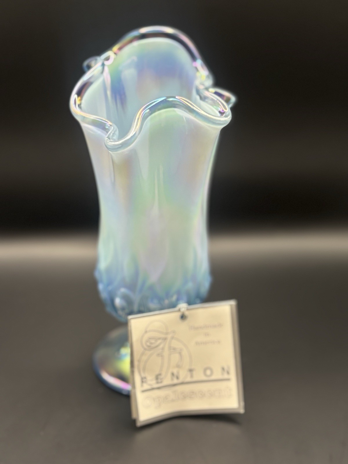 Fenton Art Glass “Lily of the Valley” Blue Opalescent Handkerchief Vase
