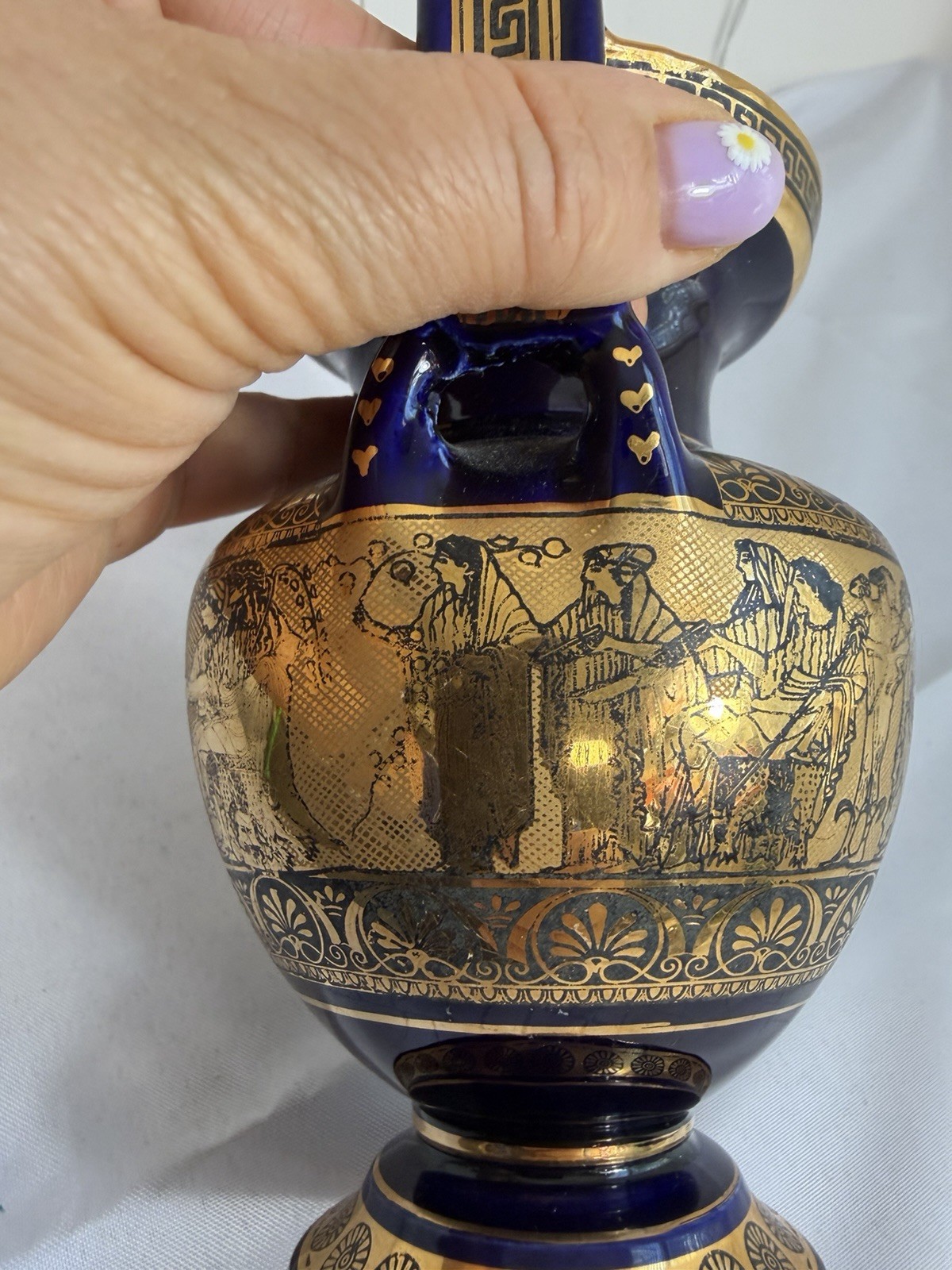 Greek Style Amphora Vase Cobalt Blue Gold Urn Classical Warriors 7” Decorative