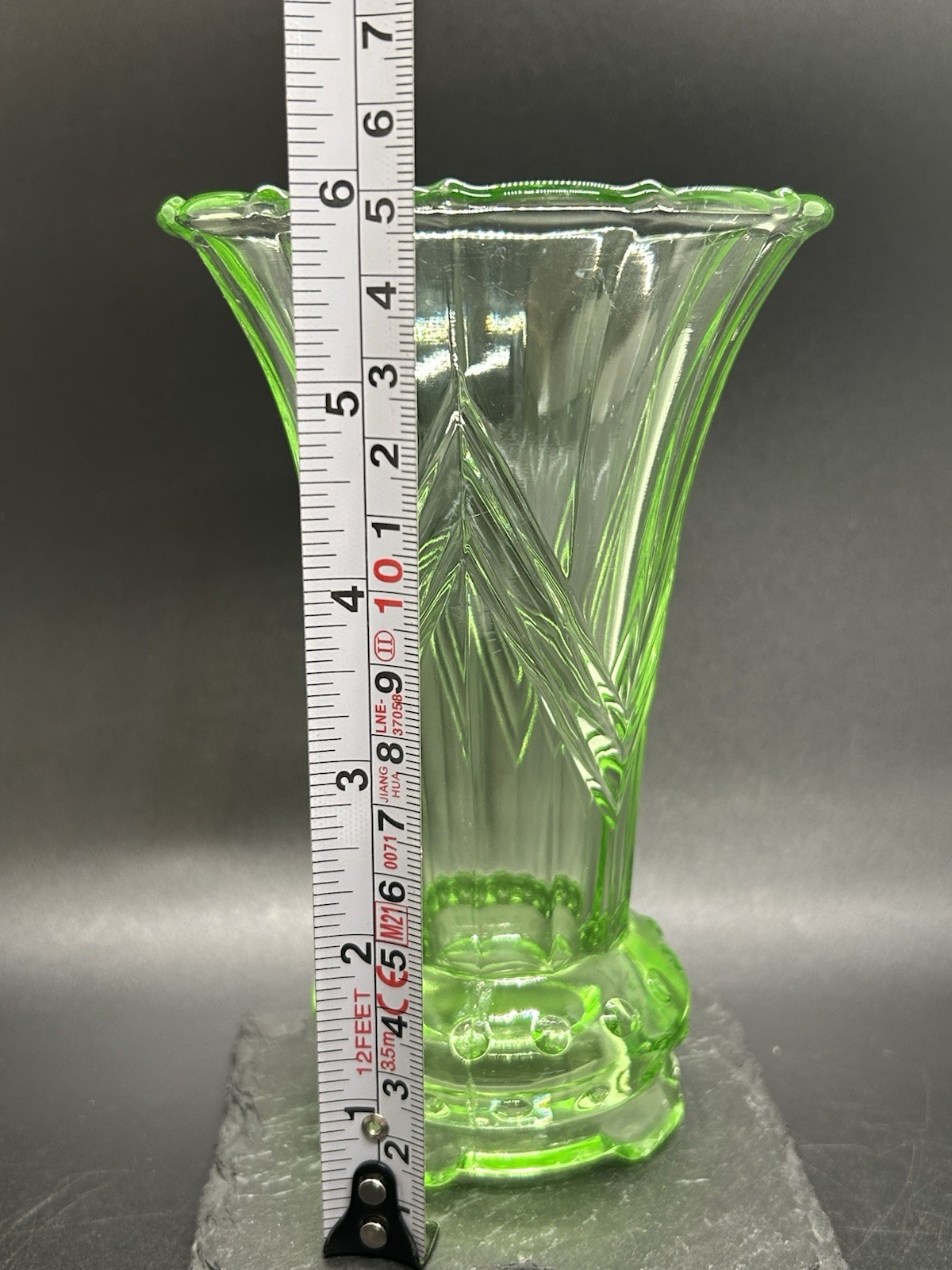 Green Art Deco Uranium Glass Czech Vase Hobnail Chevron Pattern 6 Vintage Decor