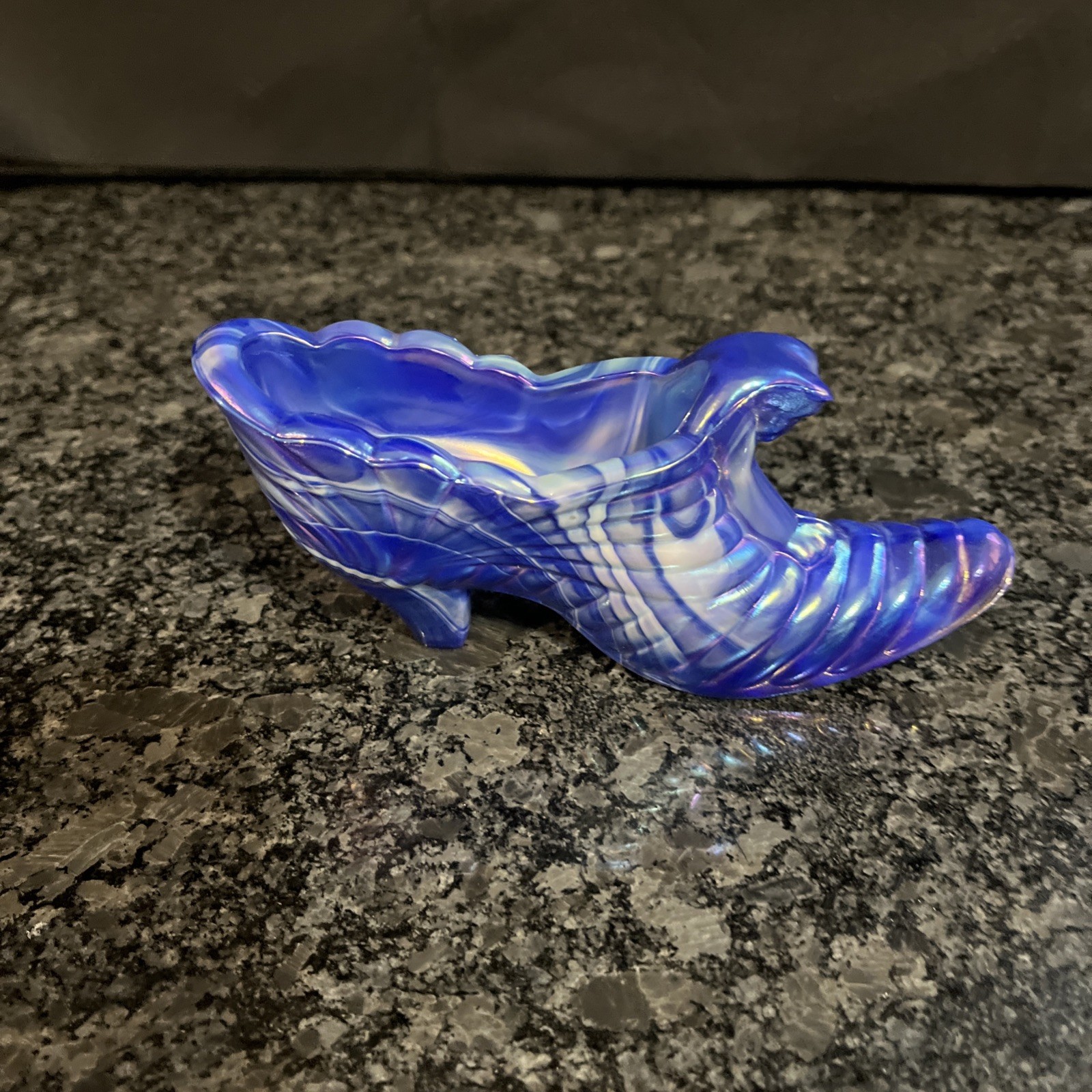 Fenton Glass Sapphire Blue Swirl Iridescent Shoe