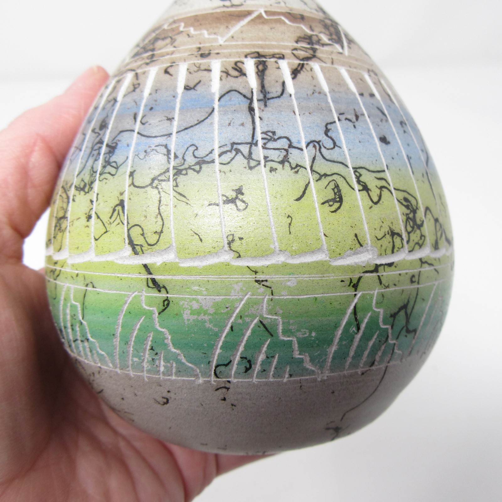 Horsehair Raku Studio Art Pottery Bud Vase 5” Southwest Style Incised Blue Green