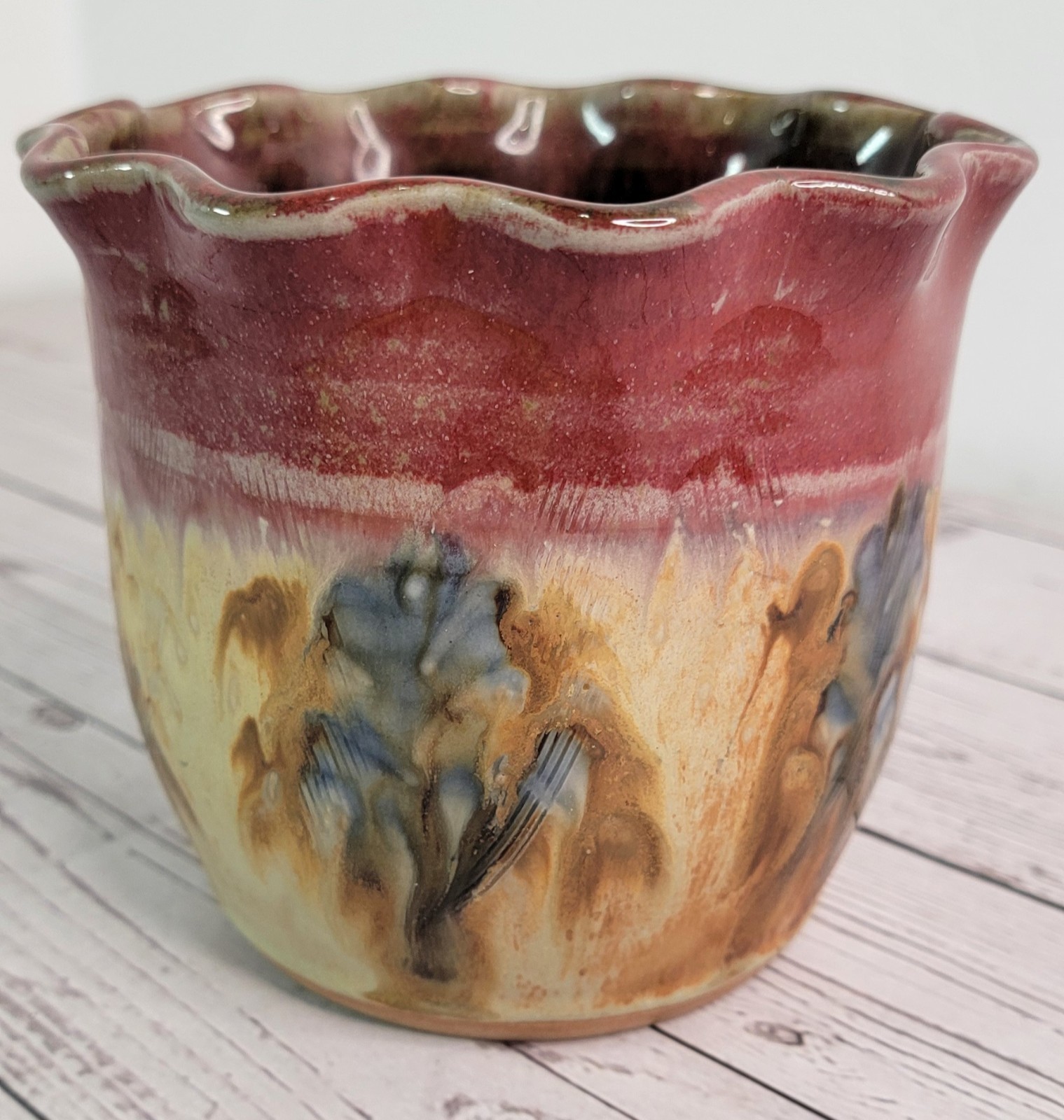 Studio Pottery Planter Red Drip Glaze Scalloped Signed 4.75in VTG