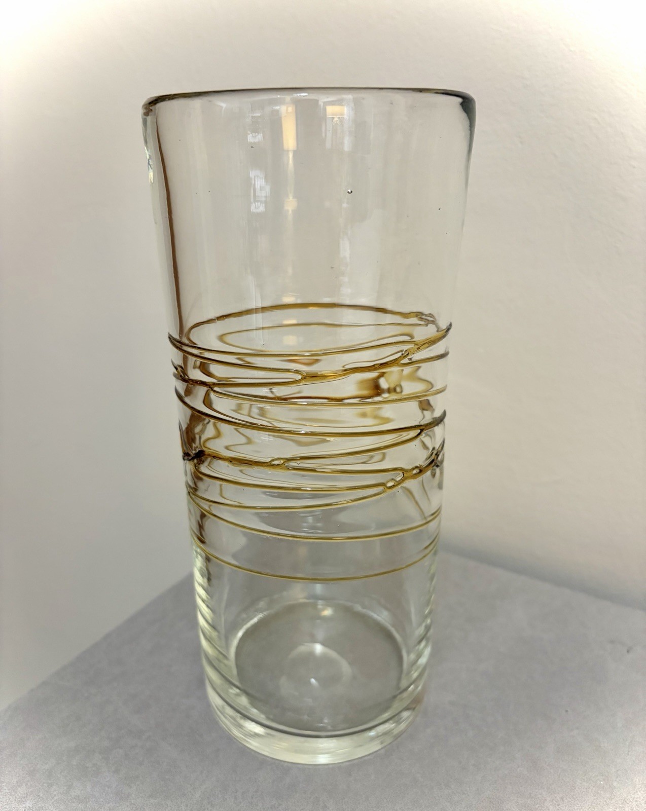Art Glass Clear Vase With Golden Amber Threads Hand Blown 9.5 Inches Tall MCM