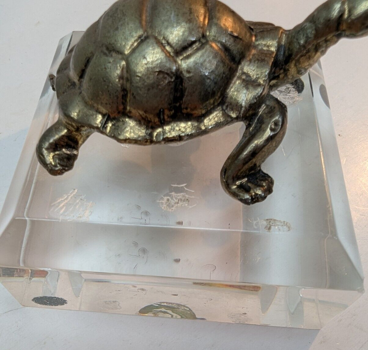 Solid Bronze Turtle Figure Clear Glass Square Base 3 Inch Paperweight Vintage