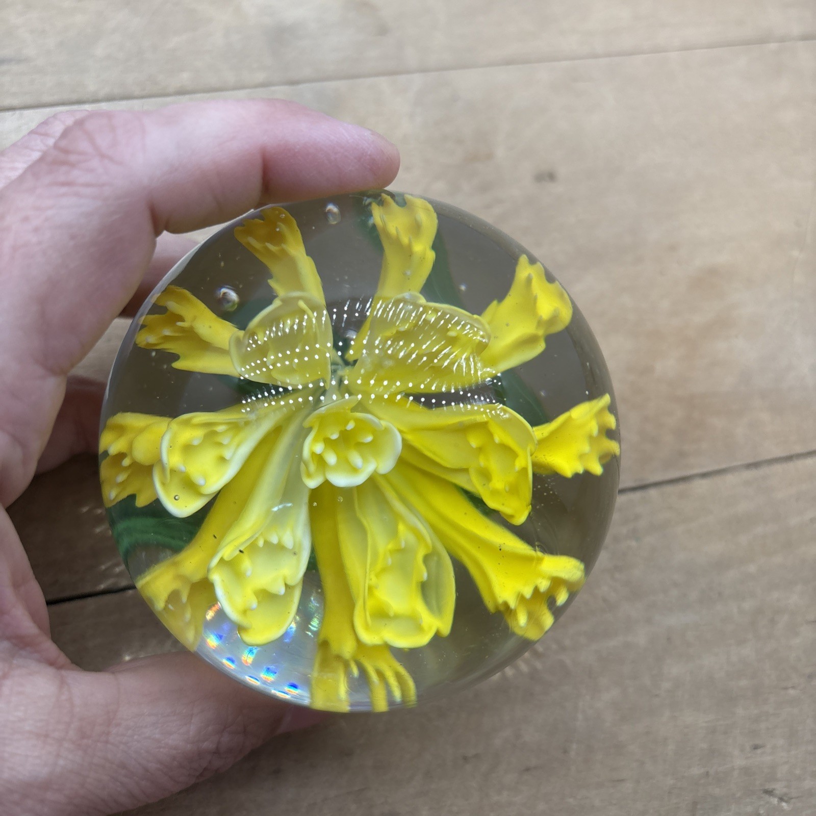 Vintage Art Blown Glass Yellow Flower Paperweight Office Round Globe Sphere 3”
