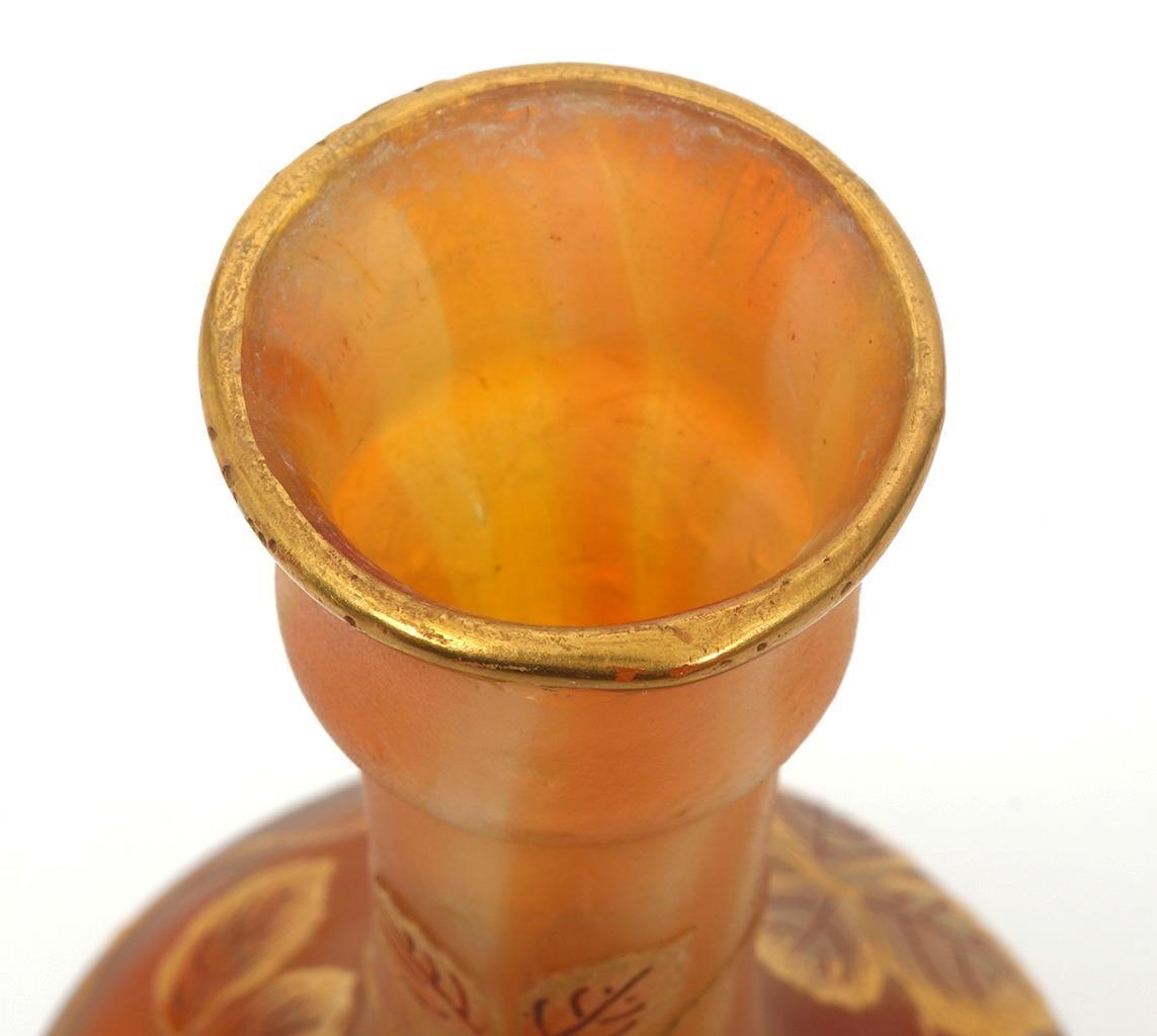 Art Glass Art Nouveau Strawberry Gold Bud Vase w/ Silver Base, 4 1/4″