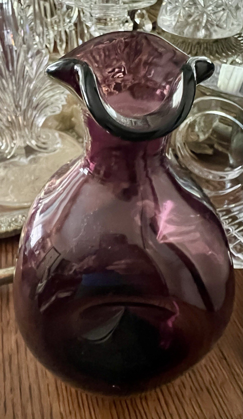 Vintage Amethyst Hand Blown Ruffled Rim Vase, 8 1/2”