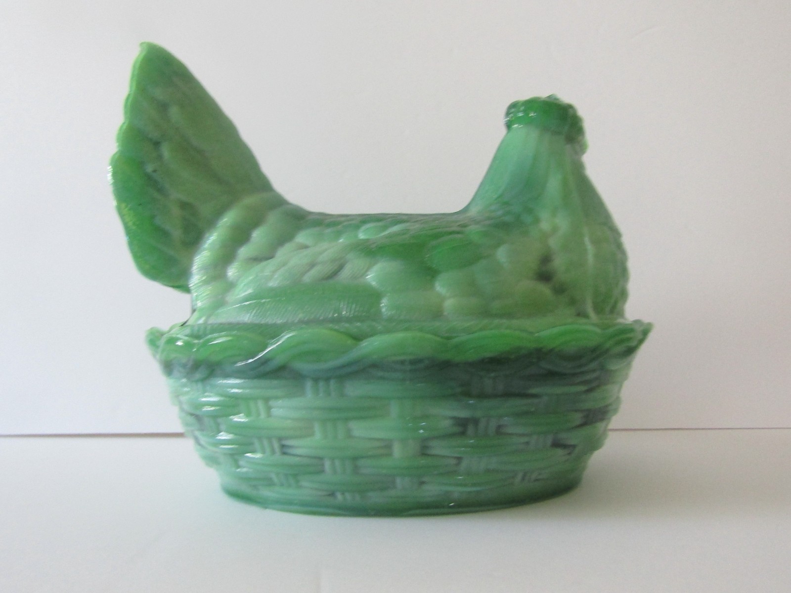 Unbranded Green Slag Glass Hen on a Basket Covered Candy Dish
