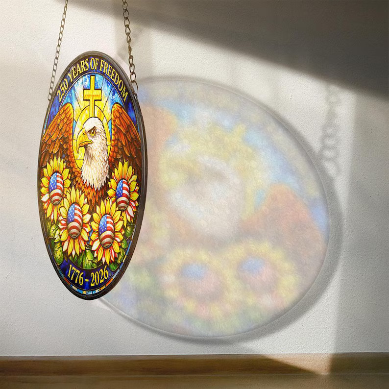 Years of Freedom Sunflower Eagle Patriotic Suncatcher Glass