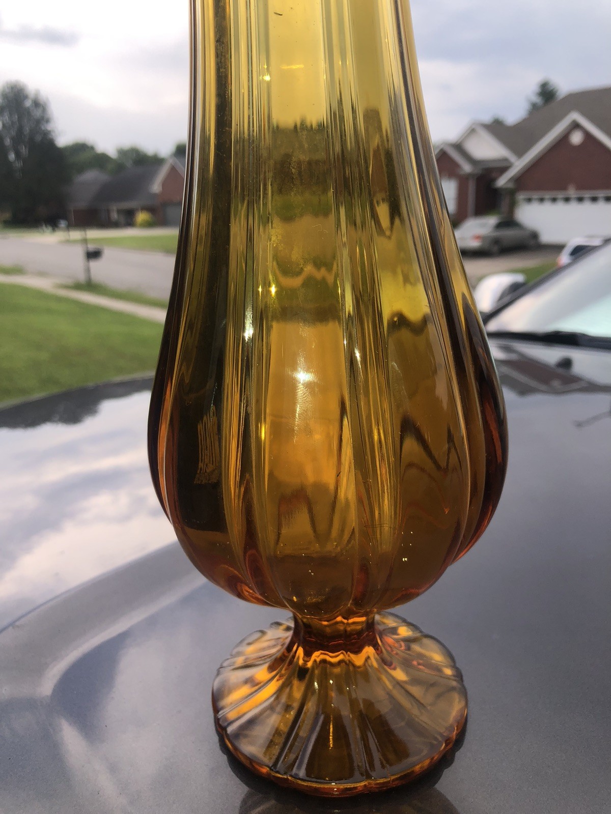 Vintage Mid Century Modern LE Smith Art Glass Petal Amber Swung Vase 17” Retro