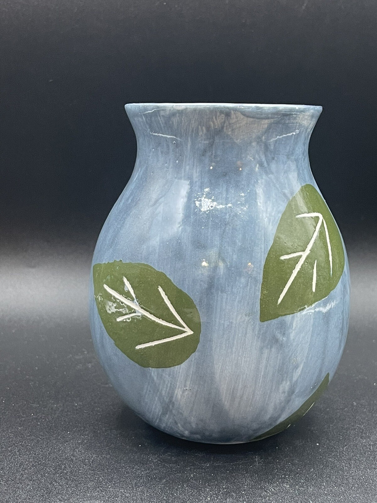 Barbara Eigen Pottery Vase Blue Green Leaves 5.25″x3″ Signed USA