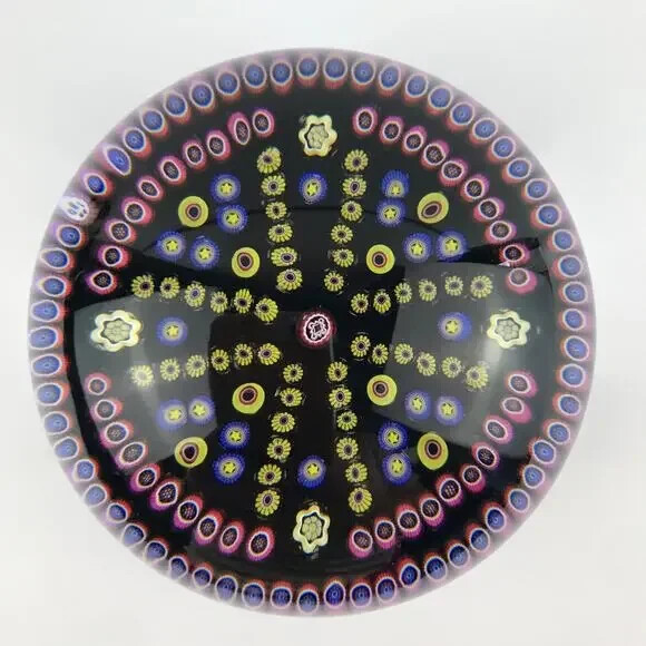 Baccarat 1990 Millefiori Cross Pattern Floral Cane Garland Black Paperweight