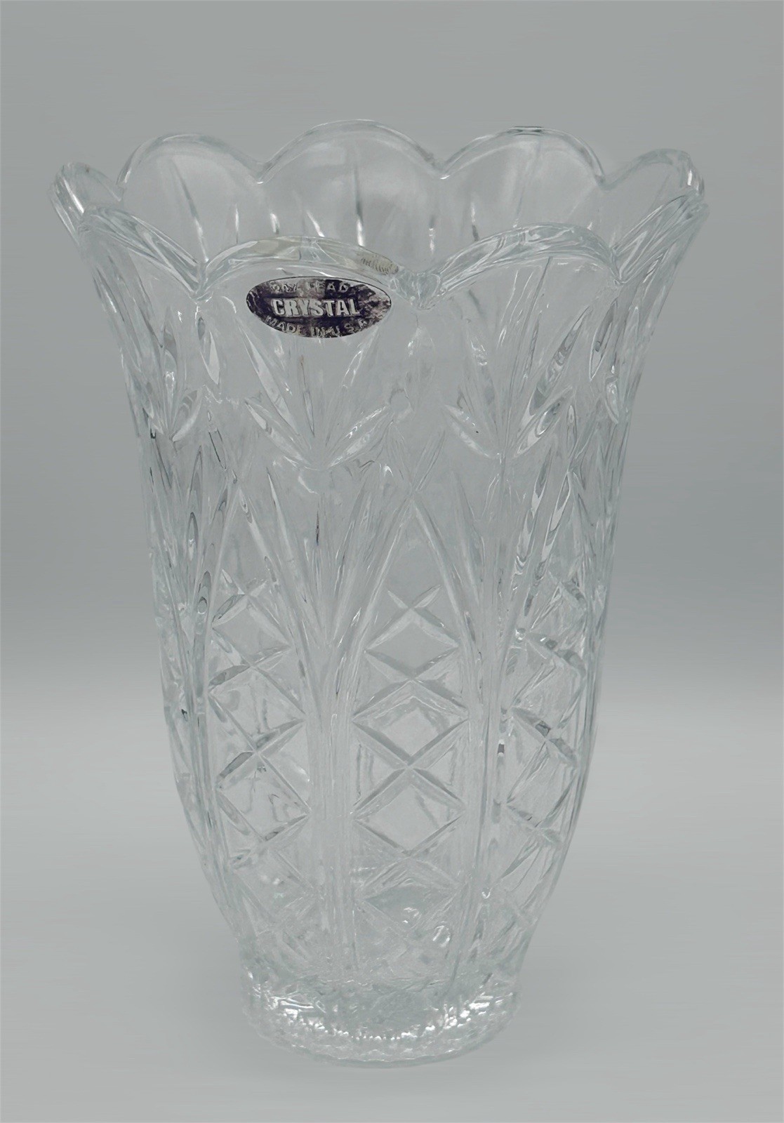 24% Lead Crystal 7” Vase Clear Glass Scalloped Top Made in USA