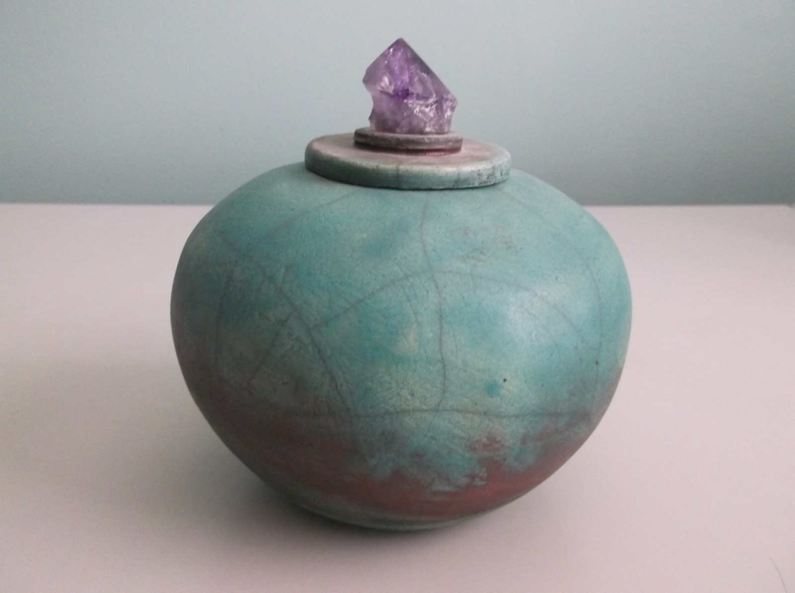 Raku Pottery Cremation Urn / Home Decor Pot signed Diane De Baun Aqua w Amethyst