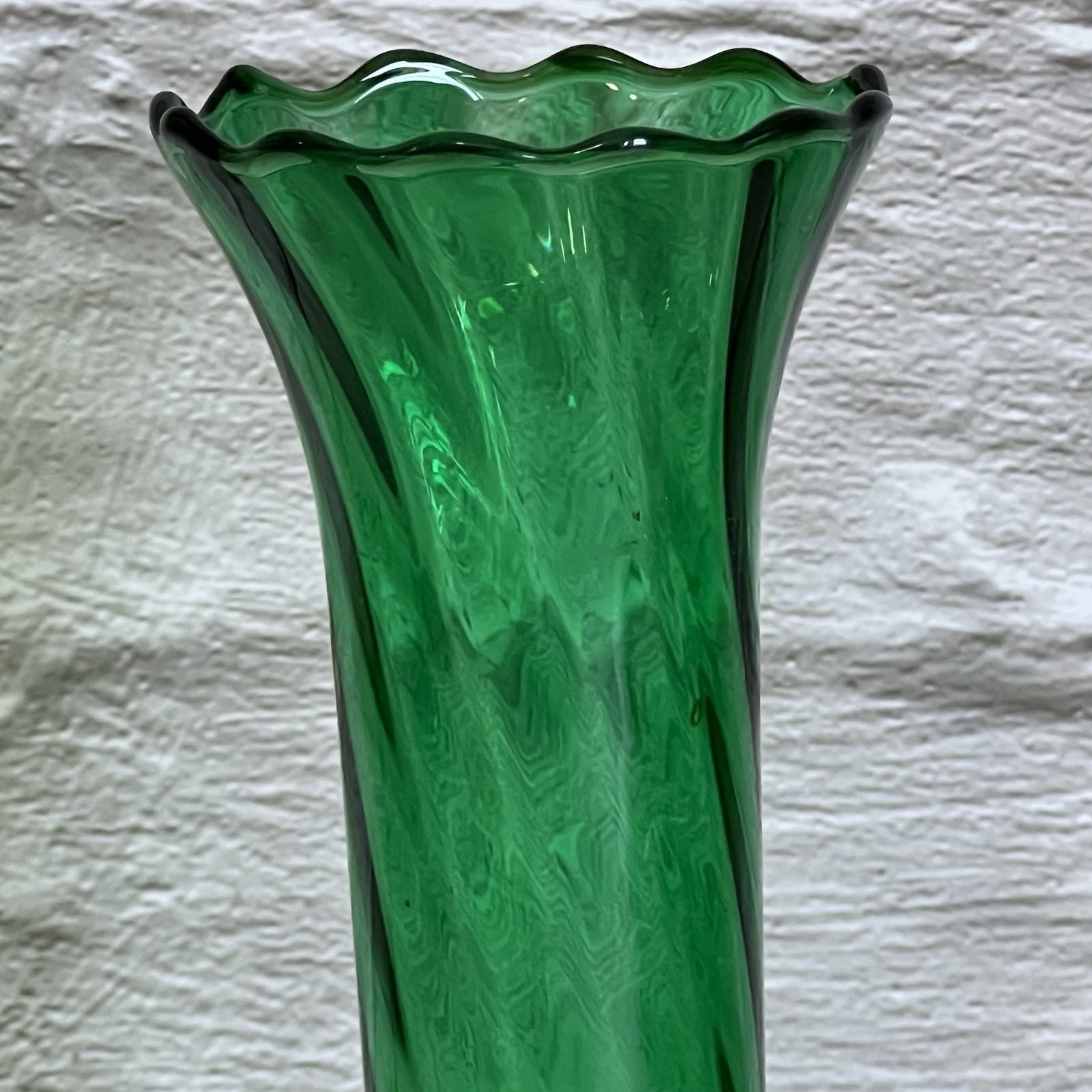Emerald Green Bud Vase Hand Blown Glass Fluted Ruffled Stacked Pedestal Base