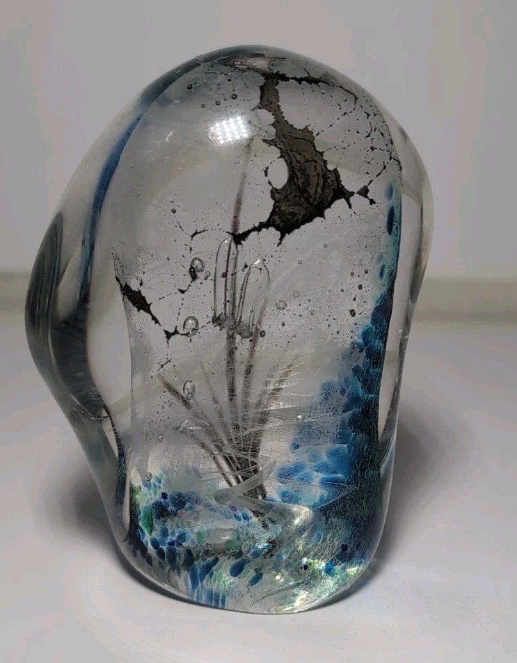 LG. Jonathan Winfisky HANDBLOWN Freeform Art Glass PAPERWEIGHT Seascape Bubbles