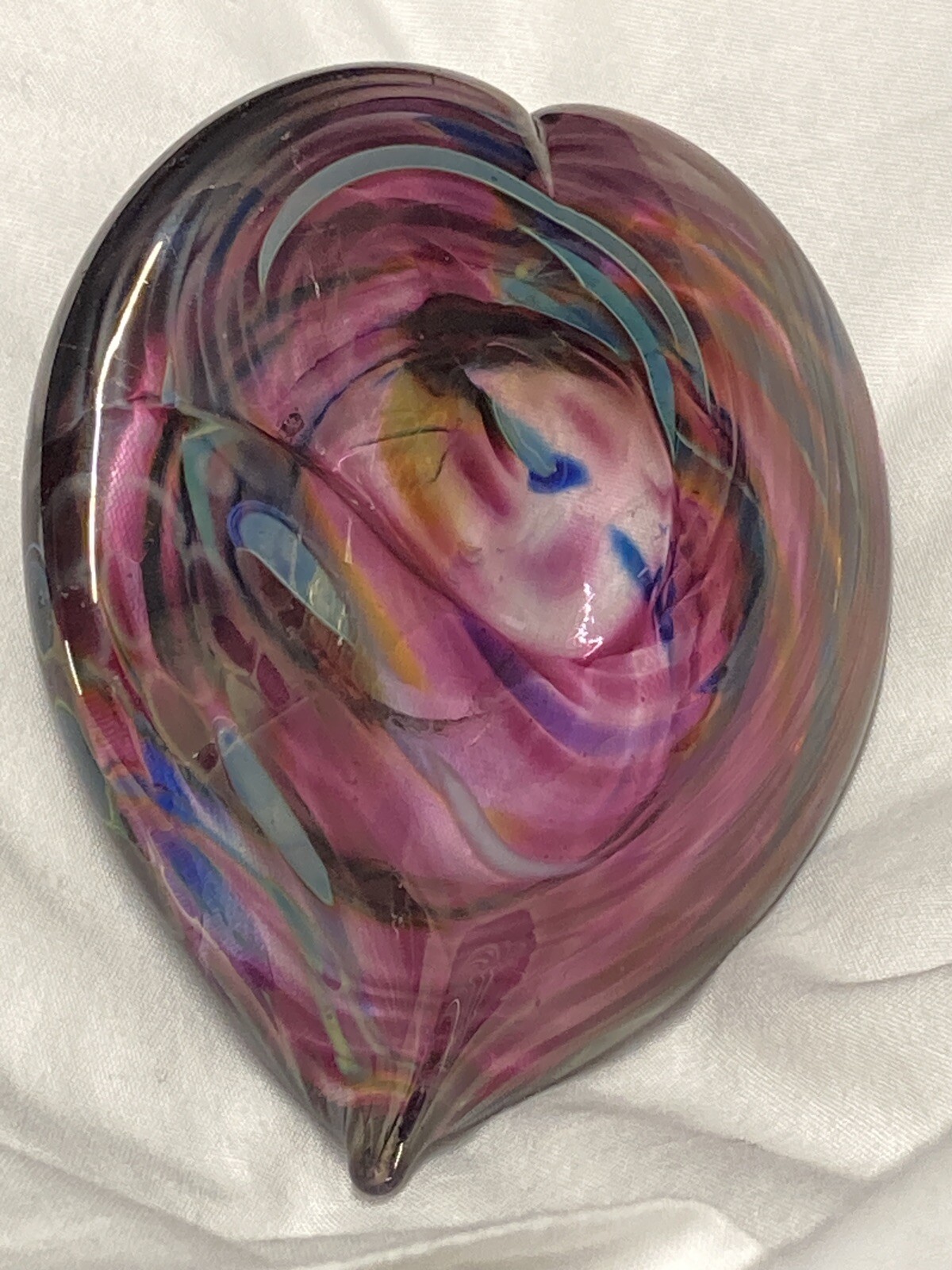Hand Blown Glass Marbled Pink Purple Blue Heart Paperweight 3″