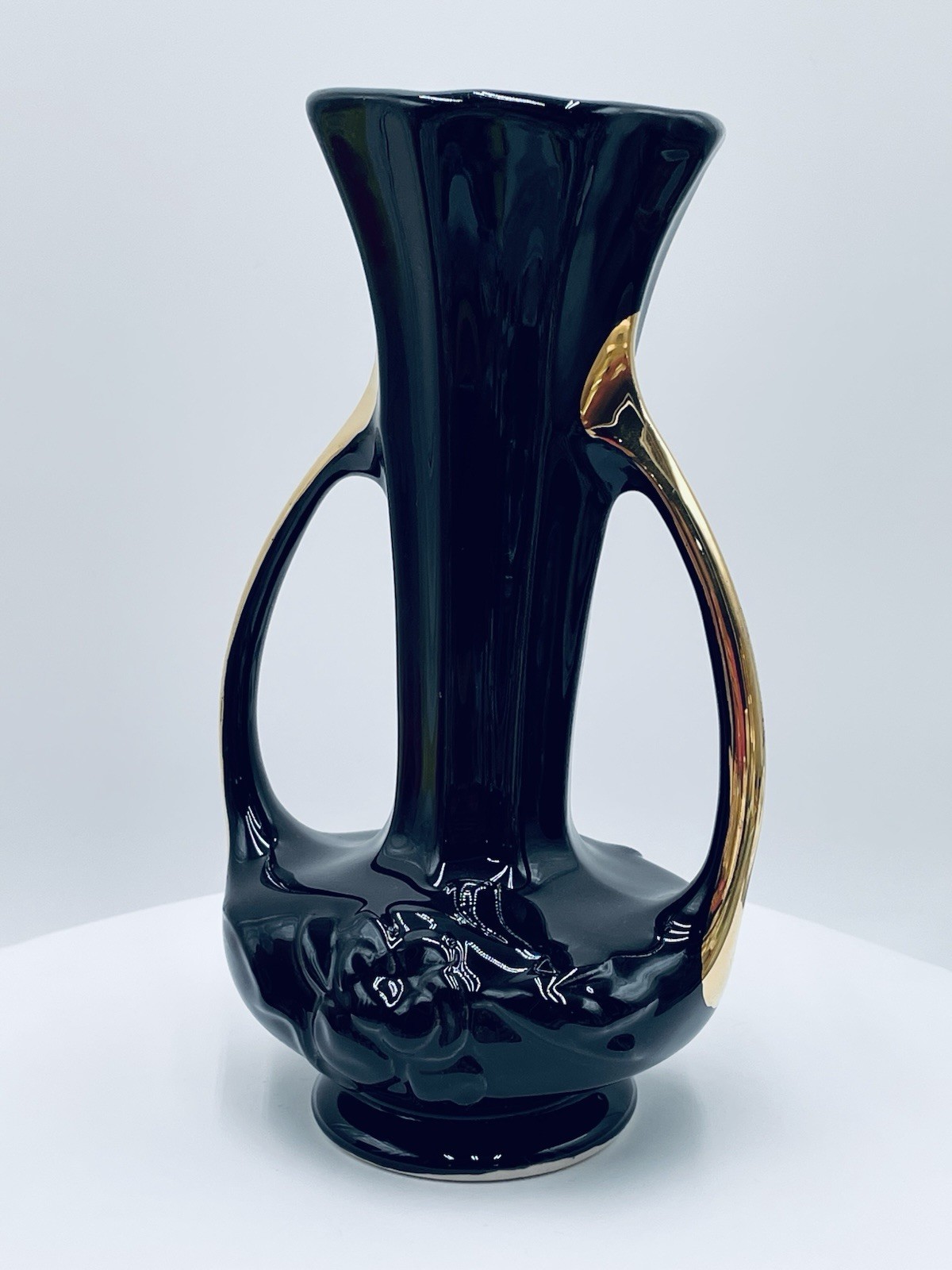 VTG Glossy Black Gold Double Handle Urn Vase Raised 3D Rose Octagon Deco MCM 8″