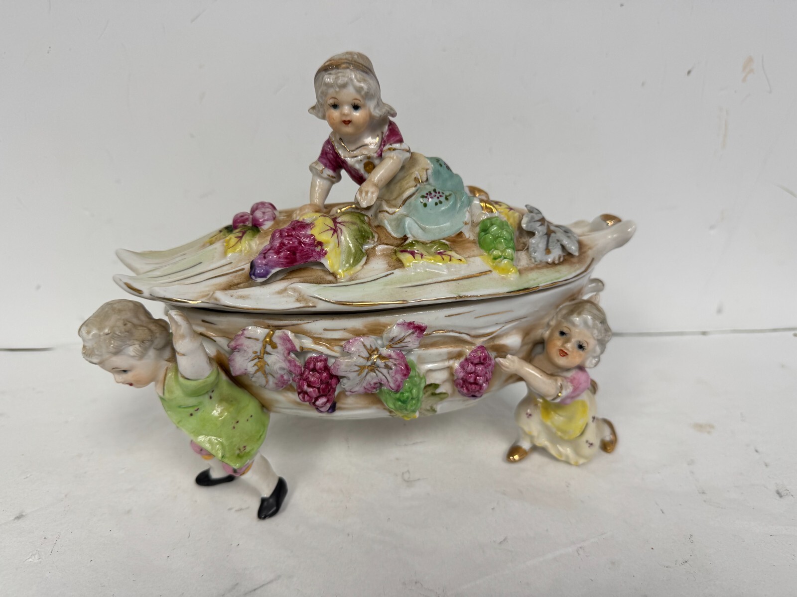 Antique Victorian Classical Lidded Dish People Carrying Bowl Shafford Colonial