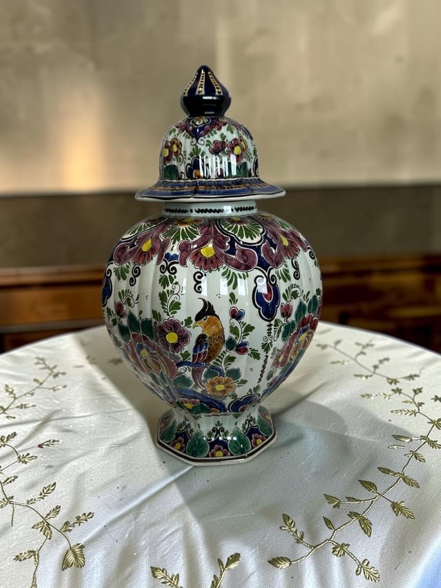 Antique Delft Polychrome Ginger Jar Urn Hand Painted Holland w Lid 16in