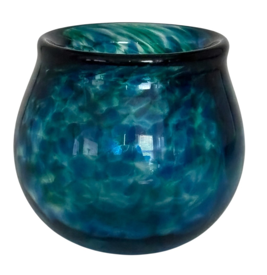Blown Glass Mottled Blue Swirl Pattern Votive Candle Holder Artist Signed