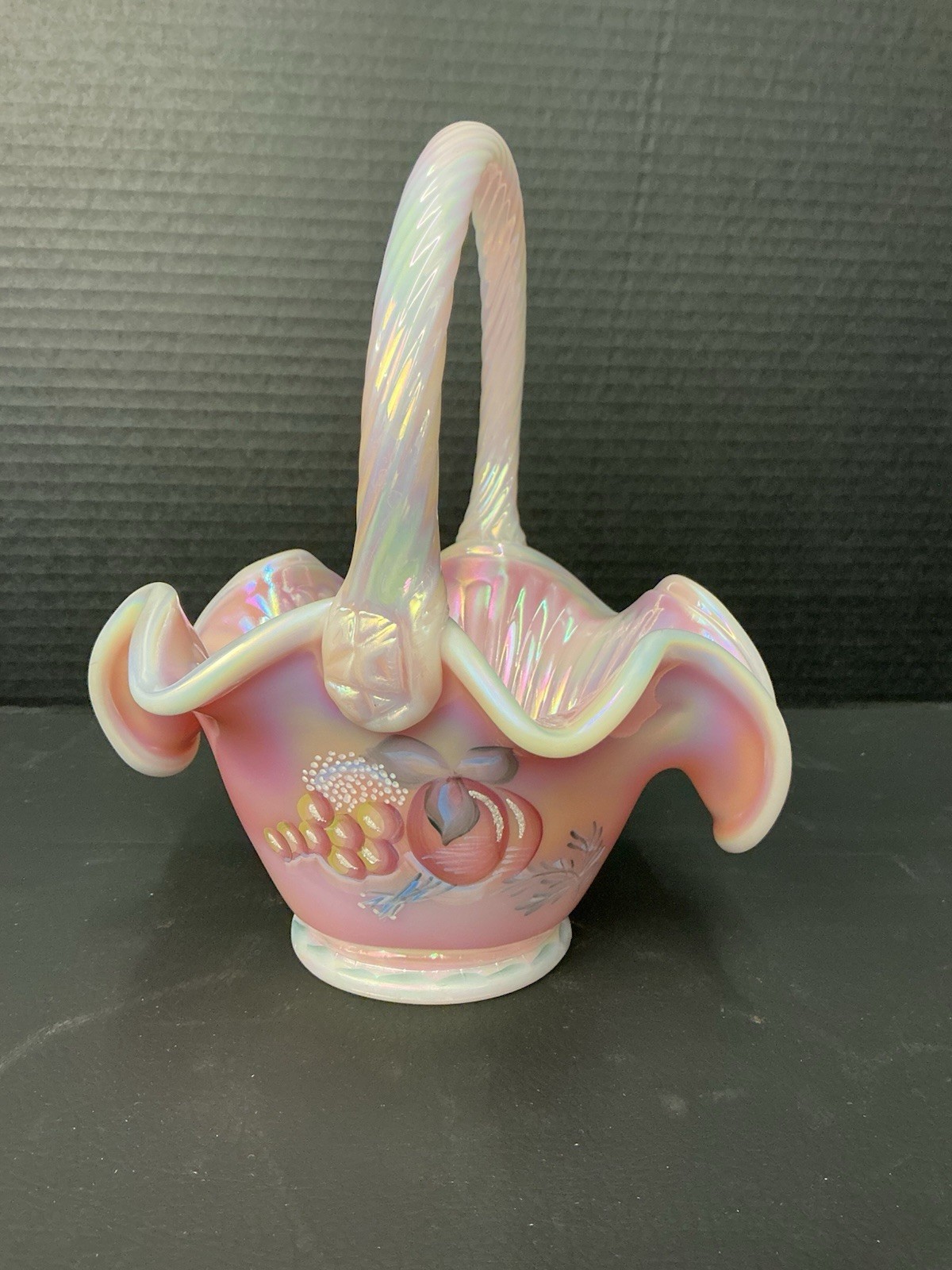 Lynn Fenton Hand Painted Rosalene Iridescent Pink Basket, Signed 8.50″ Height