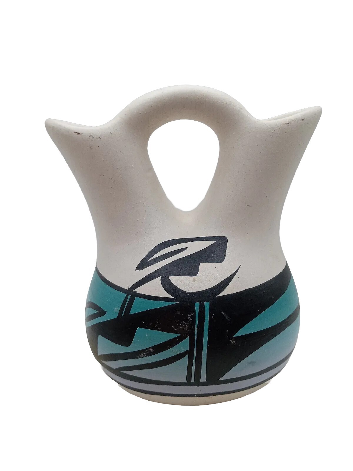POTTERY WEDDING VASE SIGNED LEROY 6 INCHES TALL 4.75 INCHES ACROSS