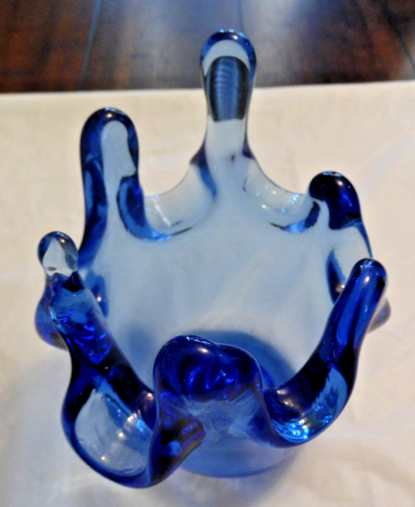 2 Signed Fire & Light Cobalt Blue Splash Votive Candle Holders Recycled Glass