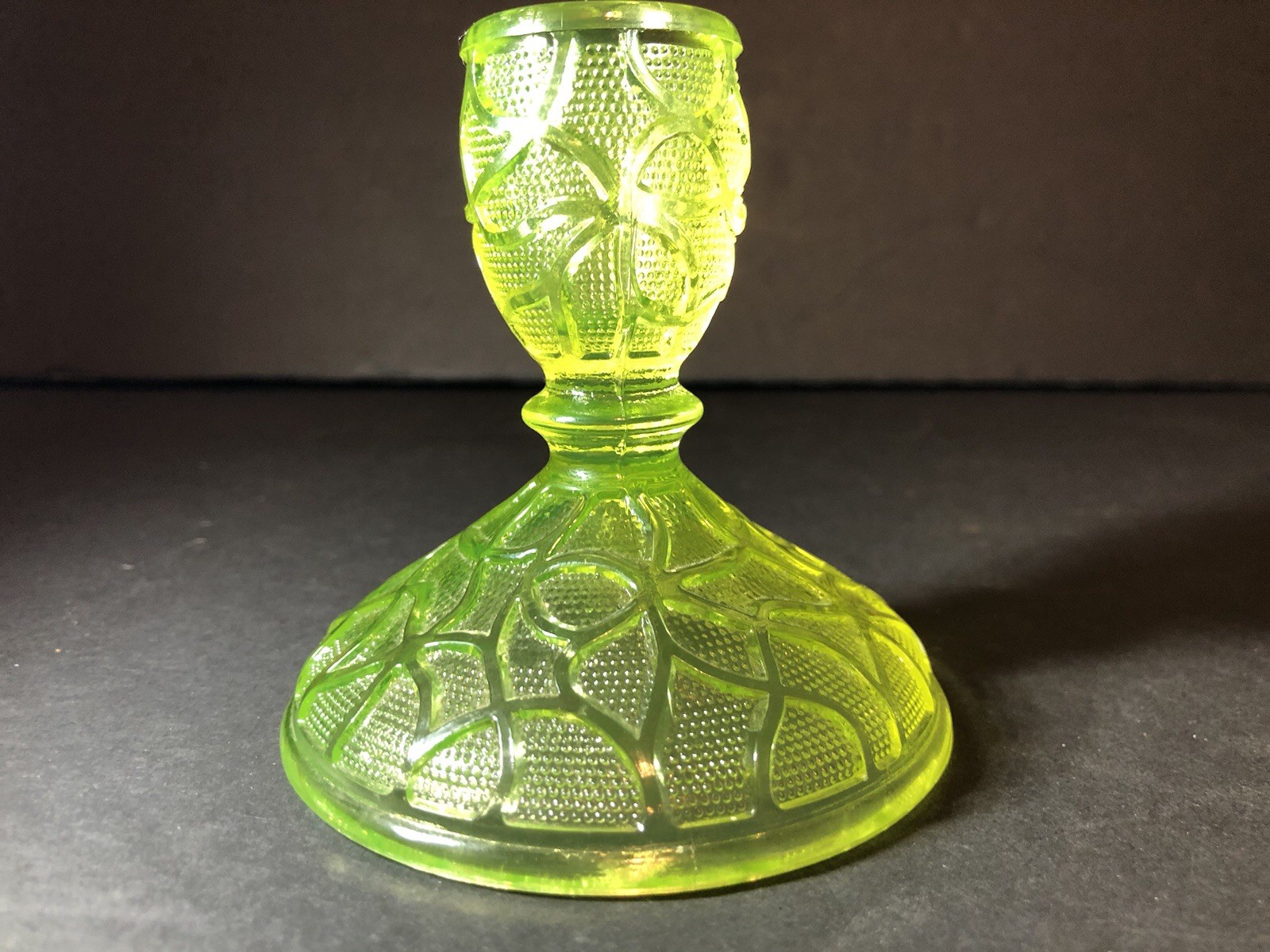 Imperial Glass Yellow Vaseline Uranium Tree of Life 3 3/8”Candle Holder Vintage