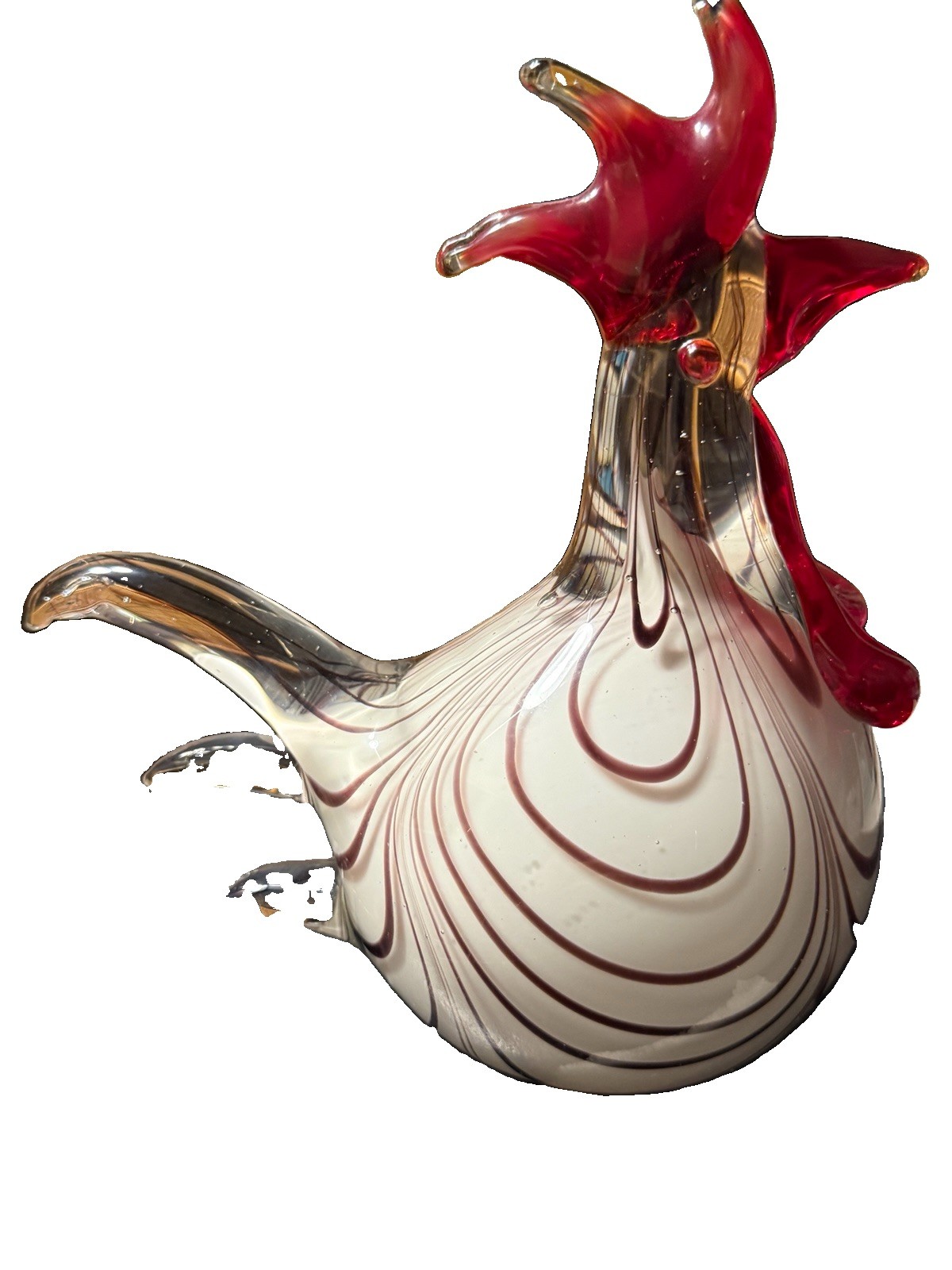 Hand Blown Art Glass Rooster Figurine – Red & White Swirl – Murano Style