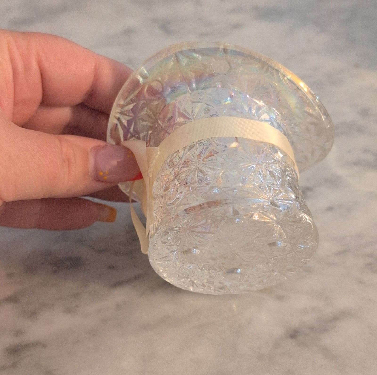 Clear Glass Pressed Hat Figurine with Ribbon, Decorative, Glossy Finish, 2.5 in