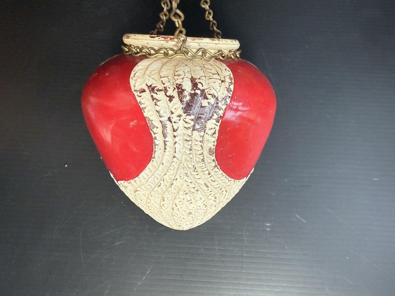 ANTIQUE ART DECO HANGING GLASS RED & WHITE VASE OR PLANTER *COSMETIC FLAWS