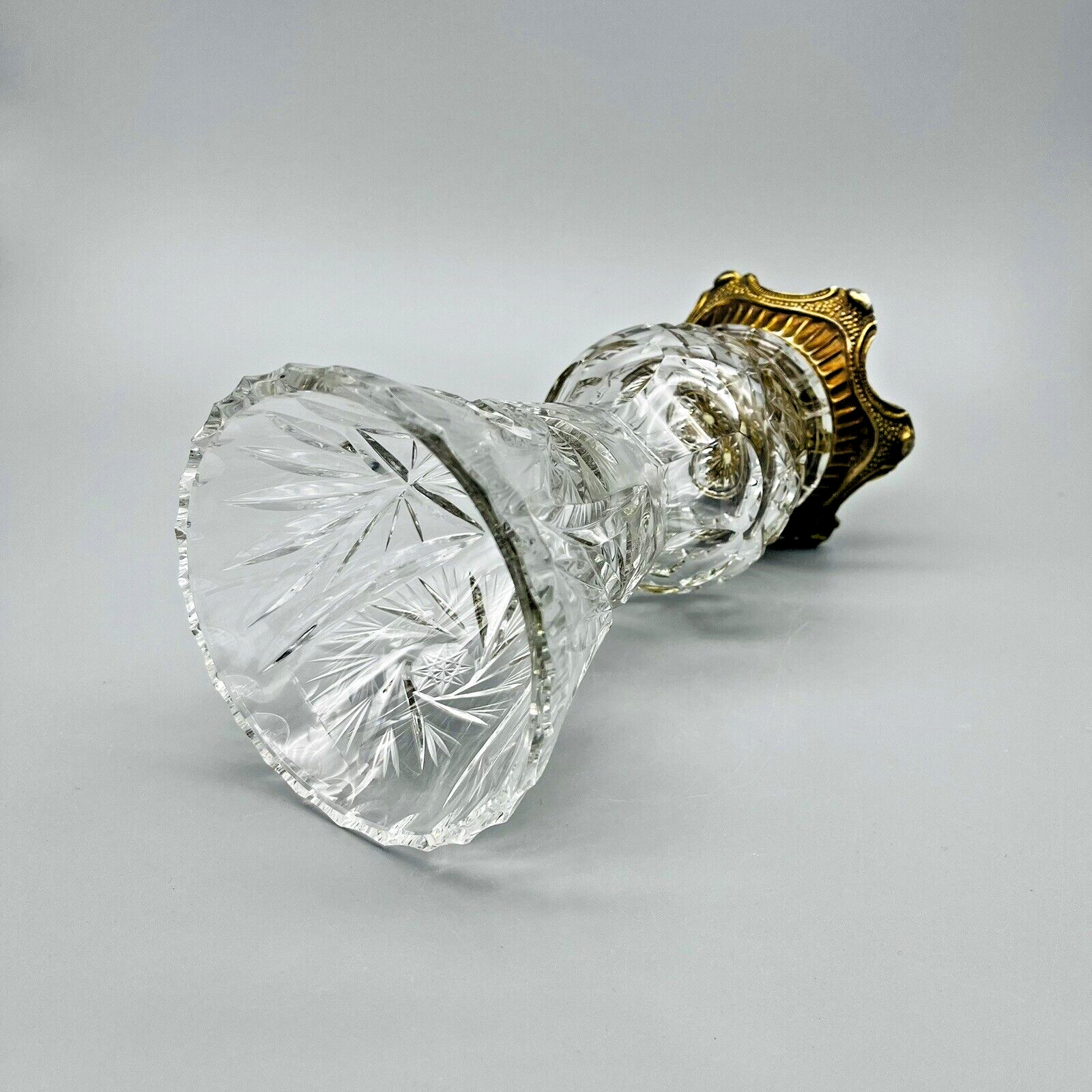 VTG Cut Crystal Trumpet Vase Pinwheel Starburst Formal Ornate Metal Footed Base