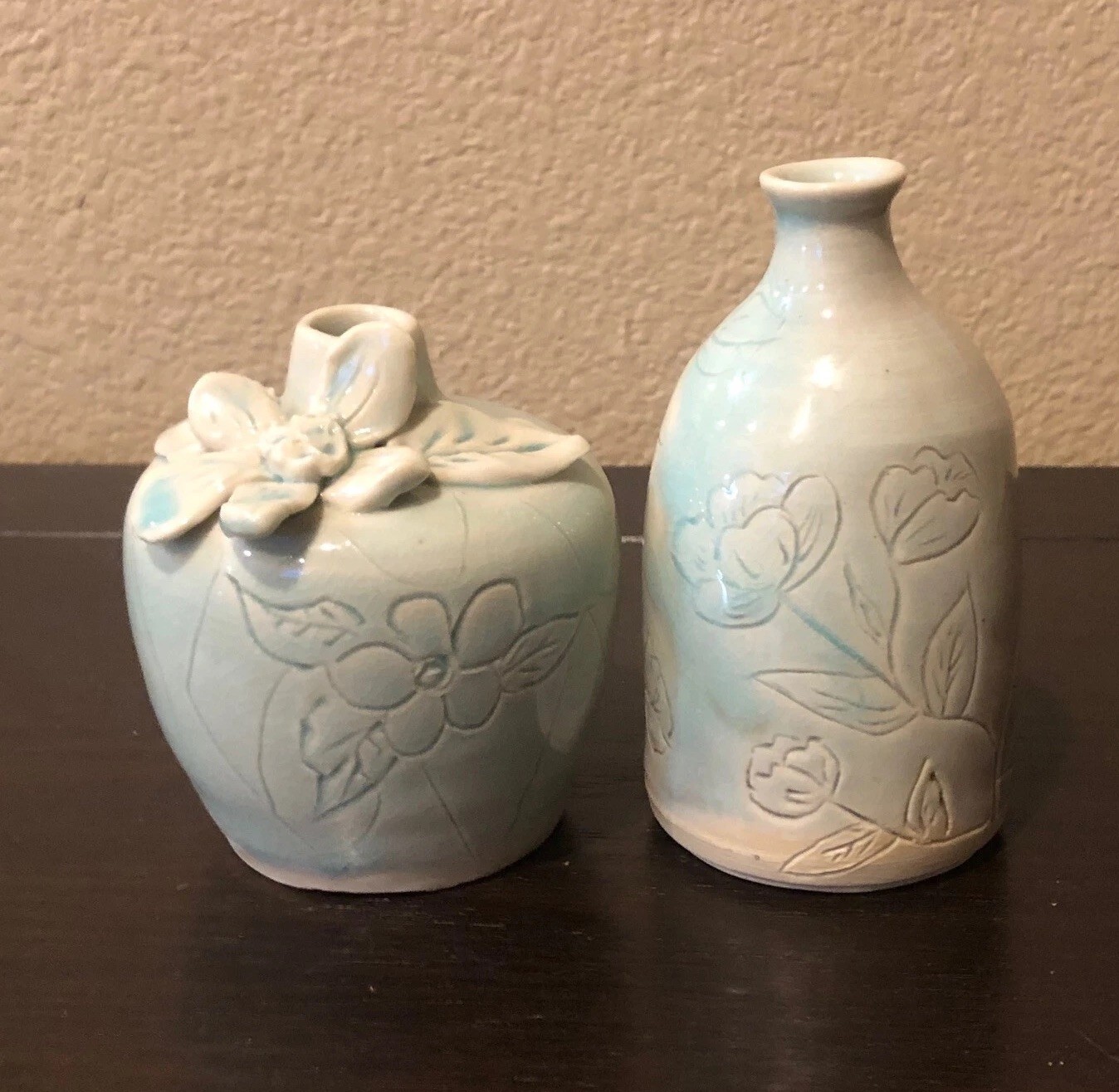 Studio Art Small Pottery Floral Bud Vase Set of (2) Powder Blue Signed by Artist