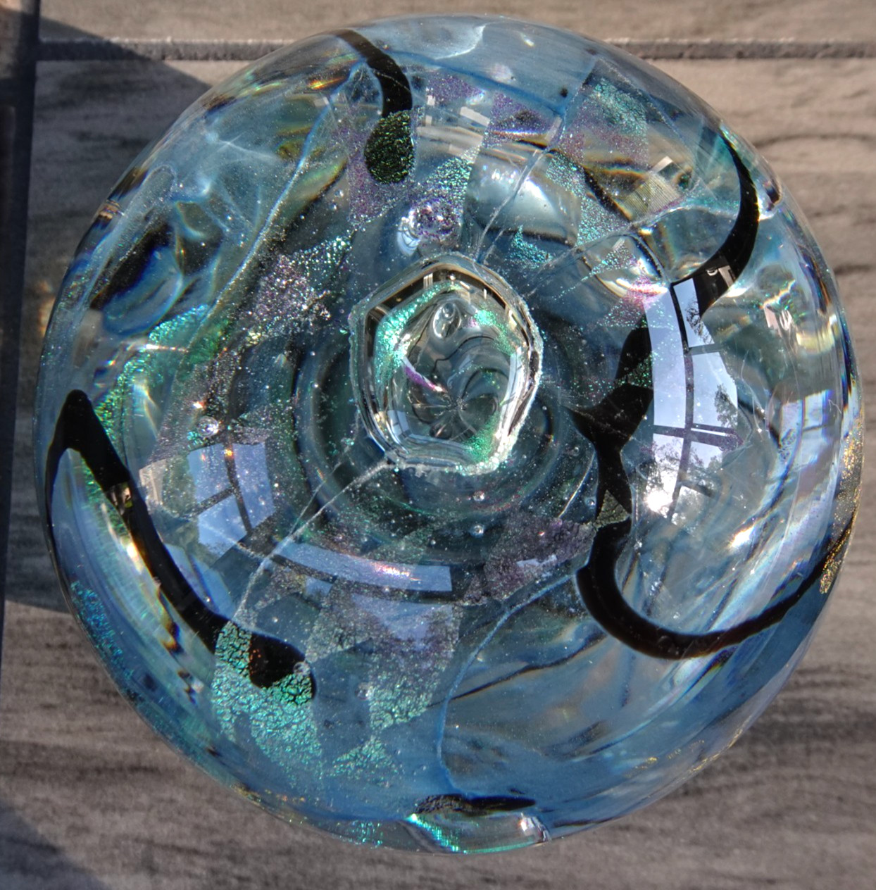 Signed Tim Lazer 2000 Studio Art Glass Dichroic Patterns Paperweight 3.3″